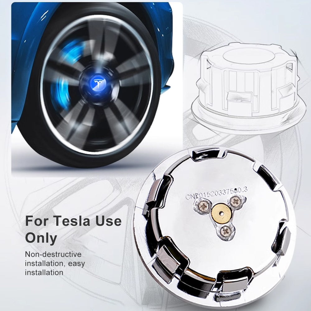 EVBASE Tesla Logo Model 3/Y LED Wheel Hub Caps (4PCS) - Waterproof LED Center Caps for Night Driving & Car Customization - Perfect for Tesla Enthusiasts & Car Modifications