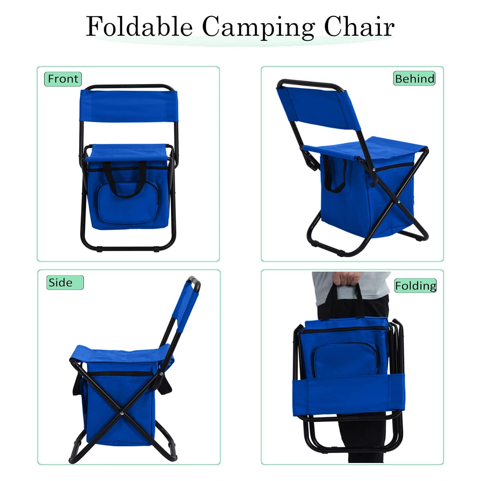 Sequpr Foldable Fishing Chair with Cooler Bag & Backrest - Portable Camping Chair for Fishing, Hunting, Hiking - Lightweight Outdoor Gear for Beach, Picnic & Backyard (Blue)