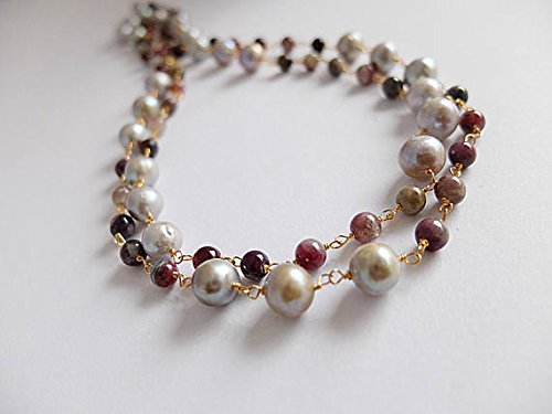 Long Natural Tourmaline & Gray Freshwater Pearl Necklace - 6mm Semiprecious Gemstone Jewelry with Gold Filled Chain - Perfect for Weddings, Parties & Elegant Evening Wear