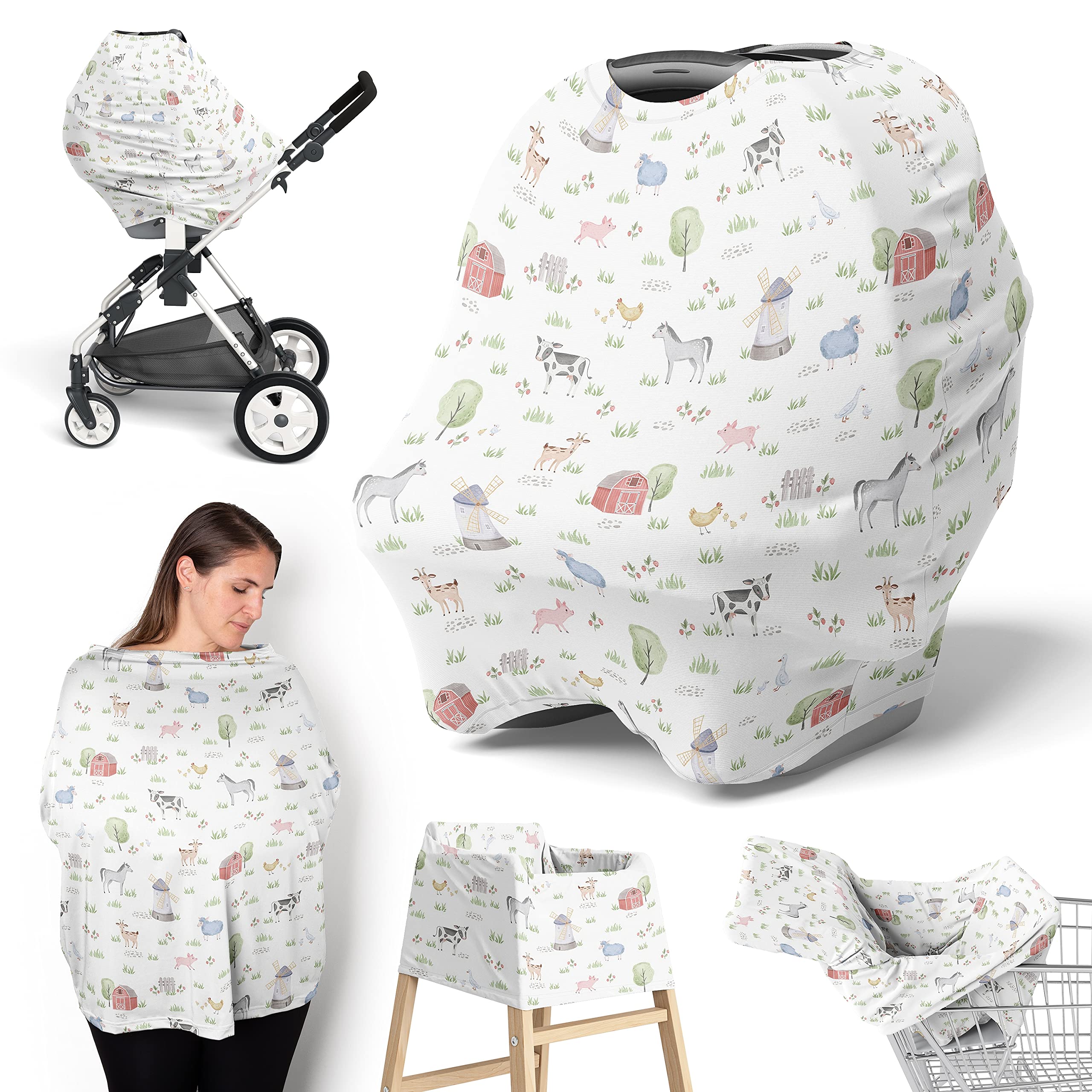 Sweet Jojo Designs Farm Animals Baby Car Seat Cover - Gender Neutral Nursing & Shopping Cart Canopy for Stroller - Watercolor Farmhouse Style in Grey, Red, Black & White - Perfect for Breastfeeding, Grocery Shopping & Outdoor Walks