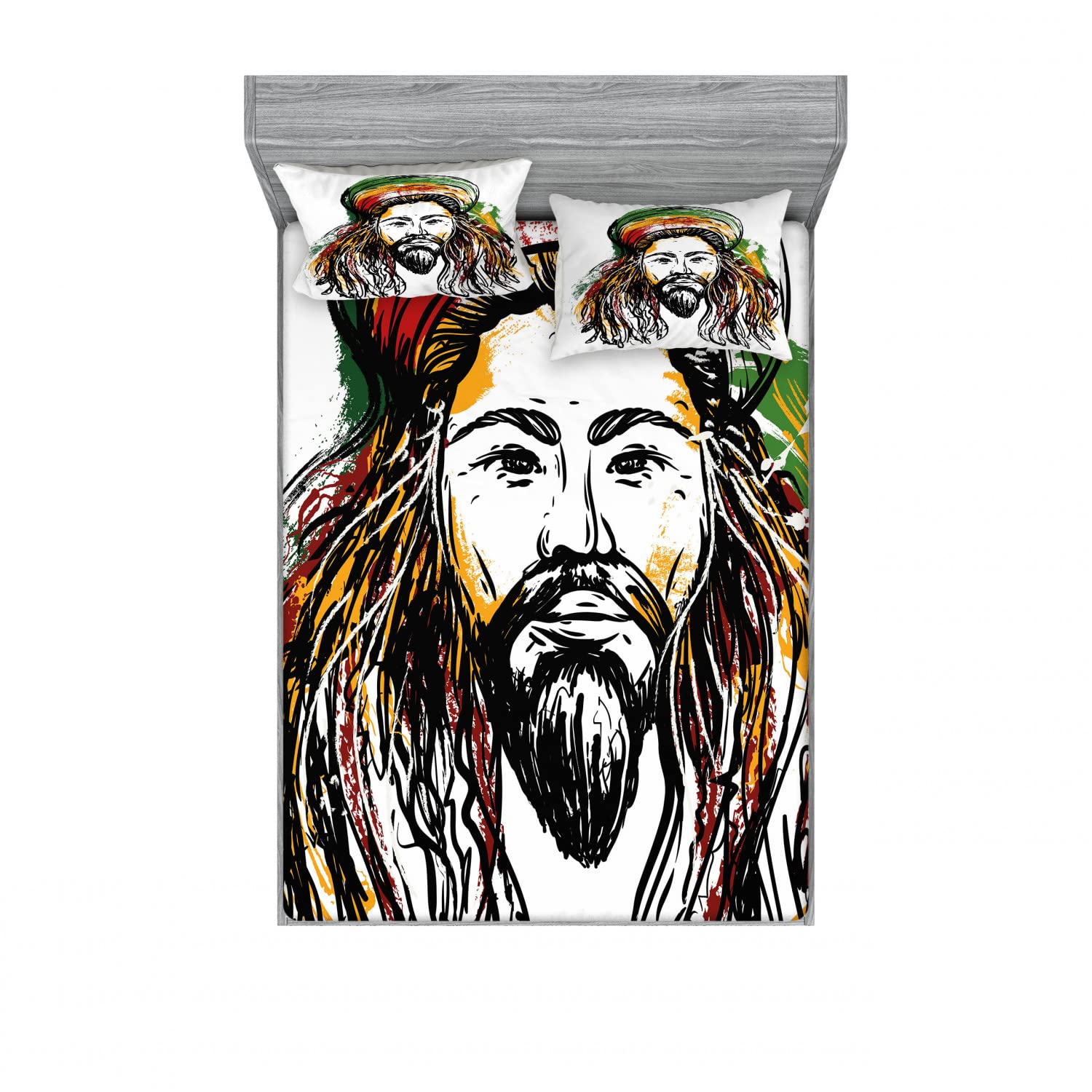 Ambesonne Rasta 2-Piece Queen Fitted Sheet Set with 4 Pillow Shams - Vibrant Rasta Man Sketch Portrait Design, Multicolor Bohemian Bedding Decor for Dorm, Guest Room & Bohemian Style Bedrooms
