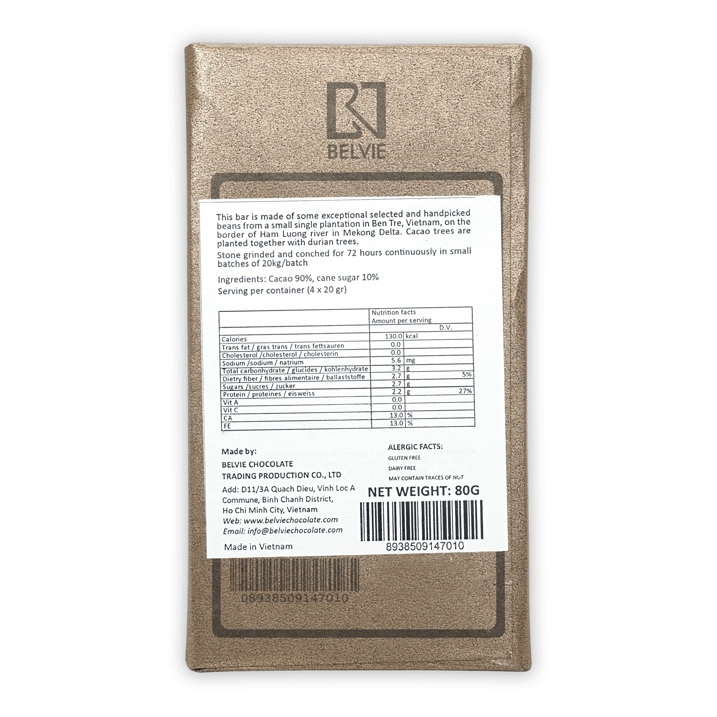 Belvie Noir Dark 90% Premium Chocolate Bar - Rich Cocoa, Low Sugar, Keto-Friendly - Perfect for Gifting, Desserts & Healthy Snacking