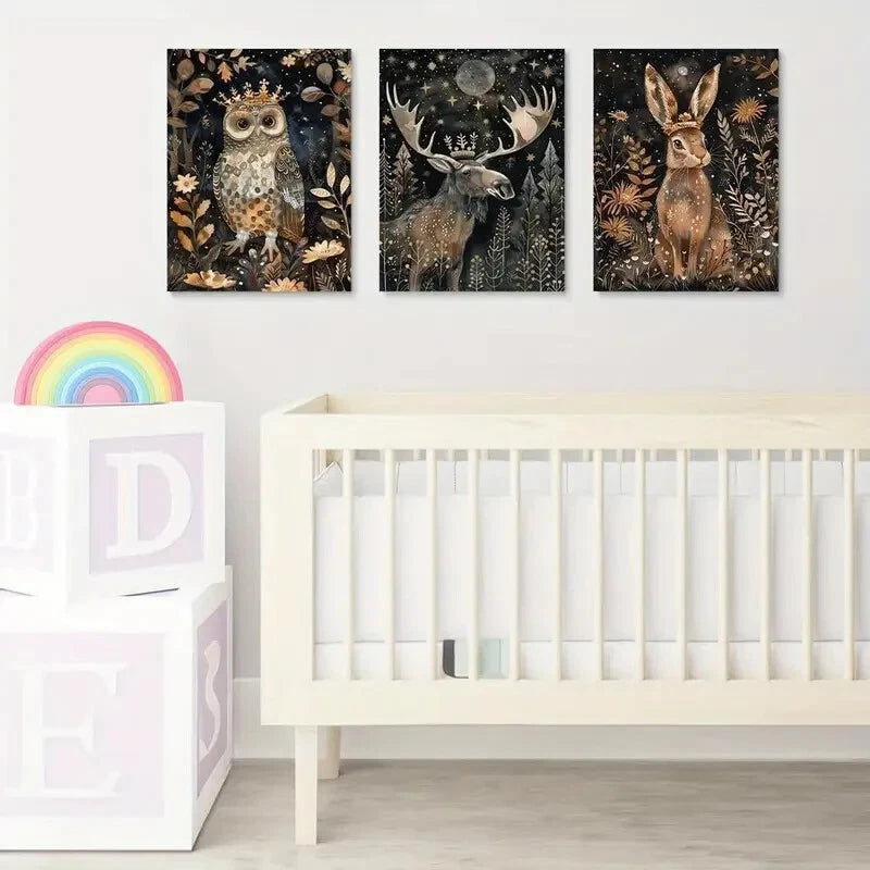 3pcs Enchanted Forest Animals Metal Wall Art - Ready to Hang Wildlife Decor for Living Room, Bedroom & Office