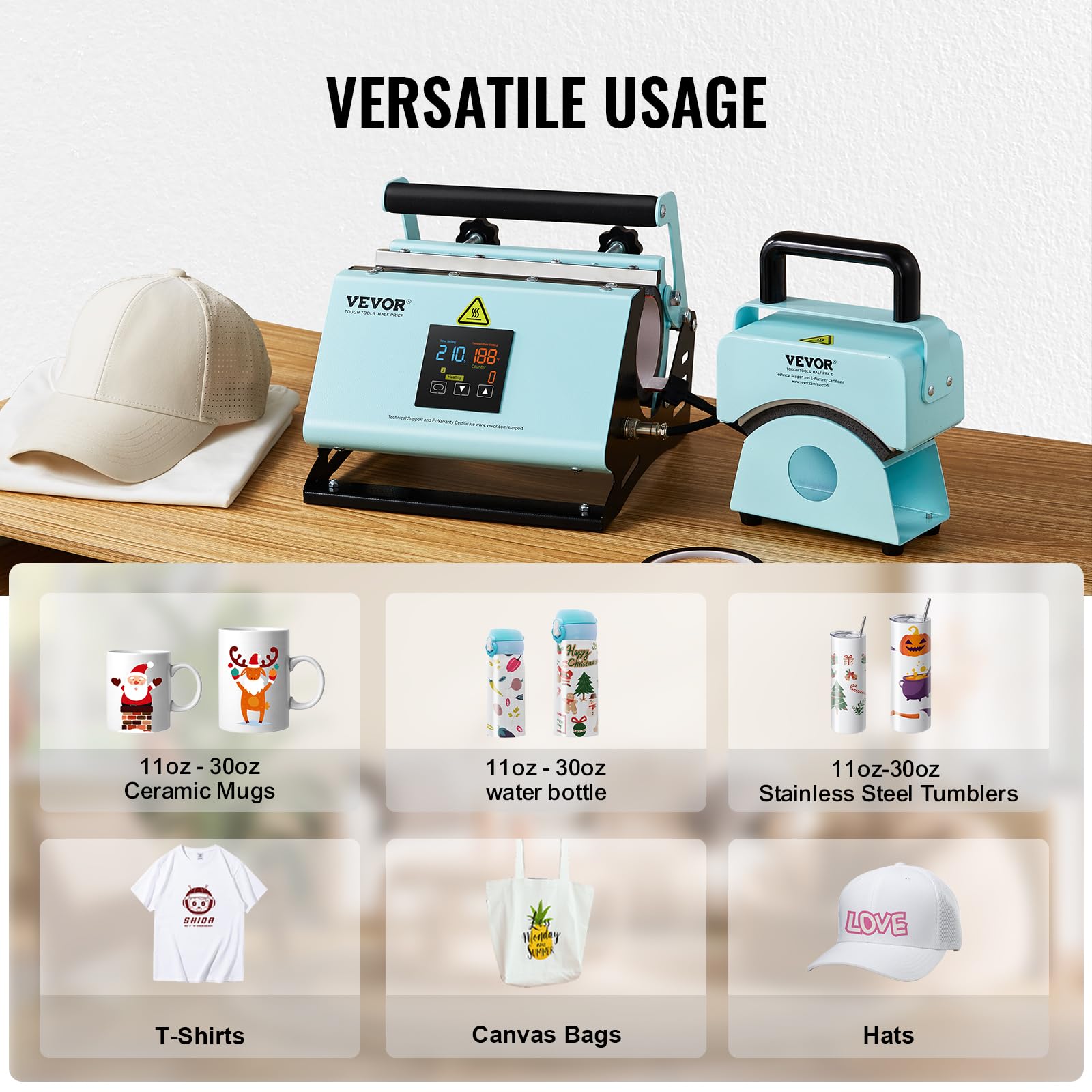 VEVOR 2-in-1 Tumbler & Hat Heat Press Machine for Sublimation - Digital Temperature Control for 11-30oz Mugs & Caps - Perfect for DIY Custom Drinkware & Hat Printing at Home or Small Business