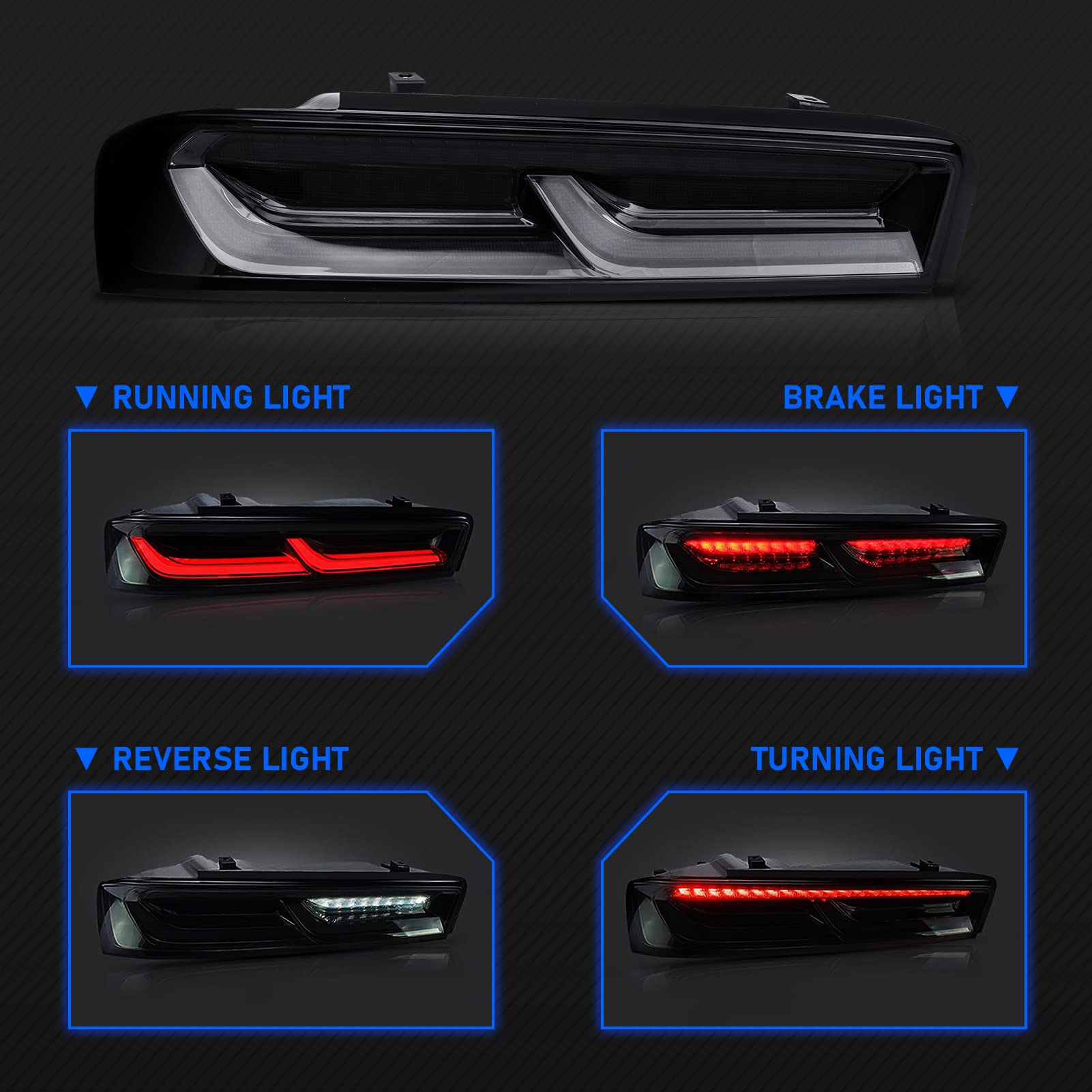 Smoke Lens LED Tail Lights Assembly Pair for Chevrolet Camaro 2016-2018 - Rear Brake/Running/Reverse/Turn Signal Lights - Upgrade Your Camaro's Style & Night Visibility