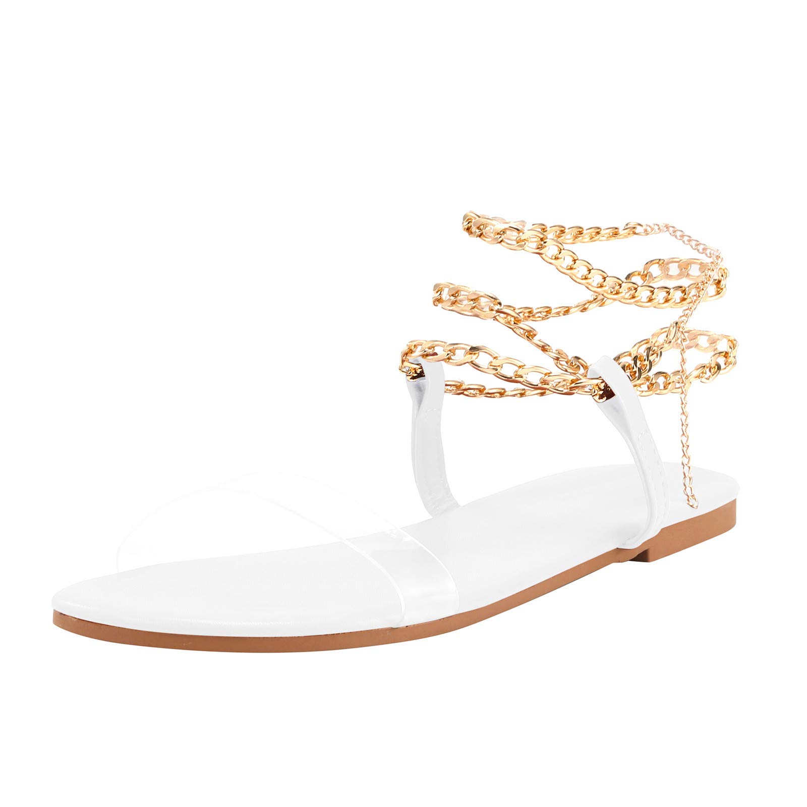 Women's Summer Beach Sandals - Casual Flat Sandals with Adjustable Buckle Strap & Chain Design | Perfect for Vacation, Poolside, and Everyday Wear