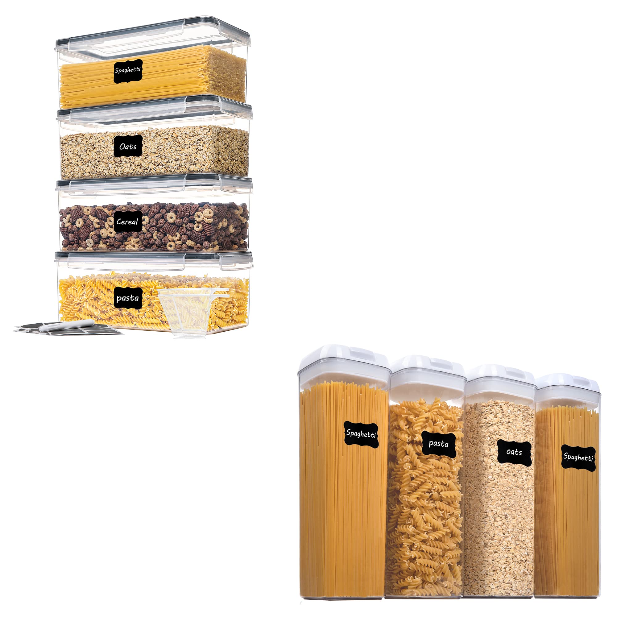 Vtopmart 4-Piece 3.2L Airtight Food Storage Containers with Lids & 4-Piece 1.9L BPA-Free Plastic Pasta Containers - Kitchen Organization for Dry Goods, Flour, Sugar, Rice, Cereal, Spaghetti Storage - Space Saving Stackable Design for Pantry, Cabinet, Fridge