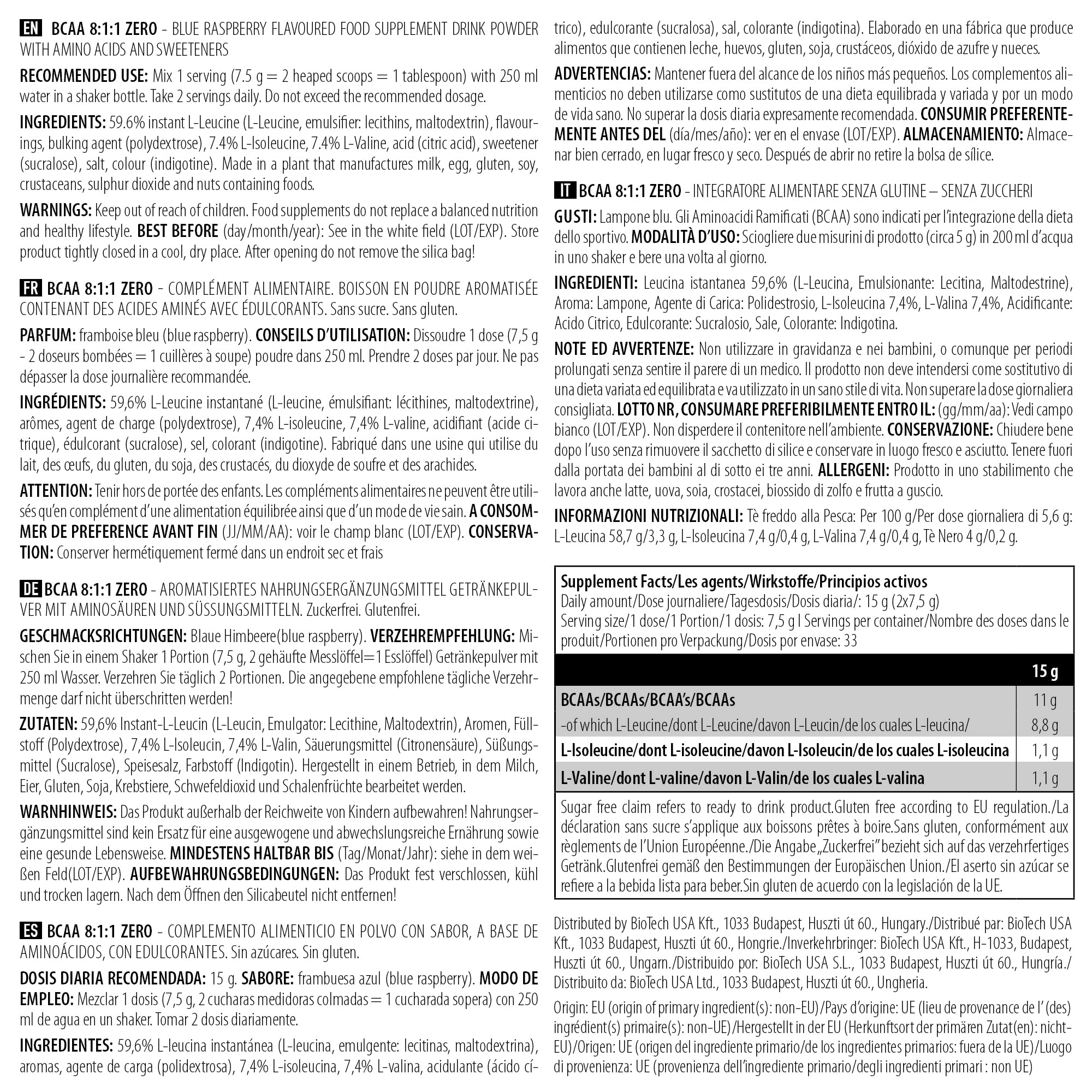 BioTechUSA BCAA 8:1:1 Zero - Blue Raspberry Flavor, 250g Powder for Muscle Recovery & Endurance | Pre-Workout & Post-Workout Supplement for Athletes & Fitness Enthusiasts