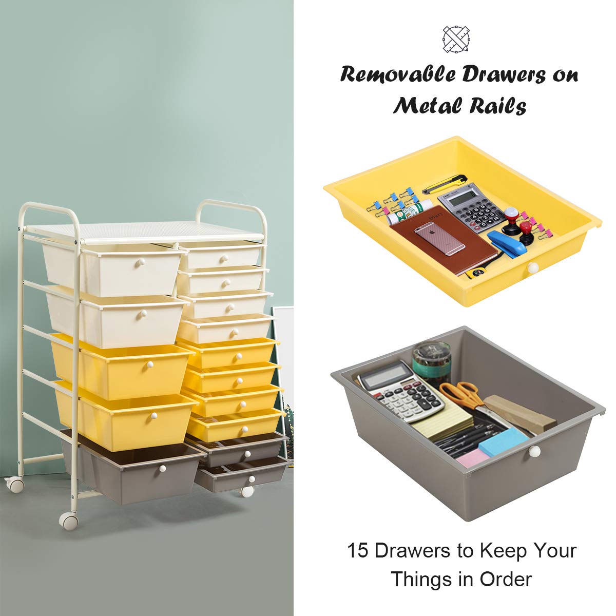 Byroce 15-Drawer Rolling Storage Cart - Mobile Organizer for Art Supplies, School Tools & Office Paper - Yellow Multipurpose Rolling Utility Cart for Classroom, Craft Room & Home Office Organization | Perfect for Teachers, Artists & Remote Workers