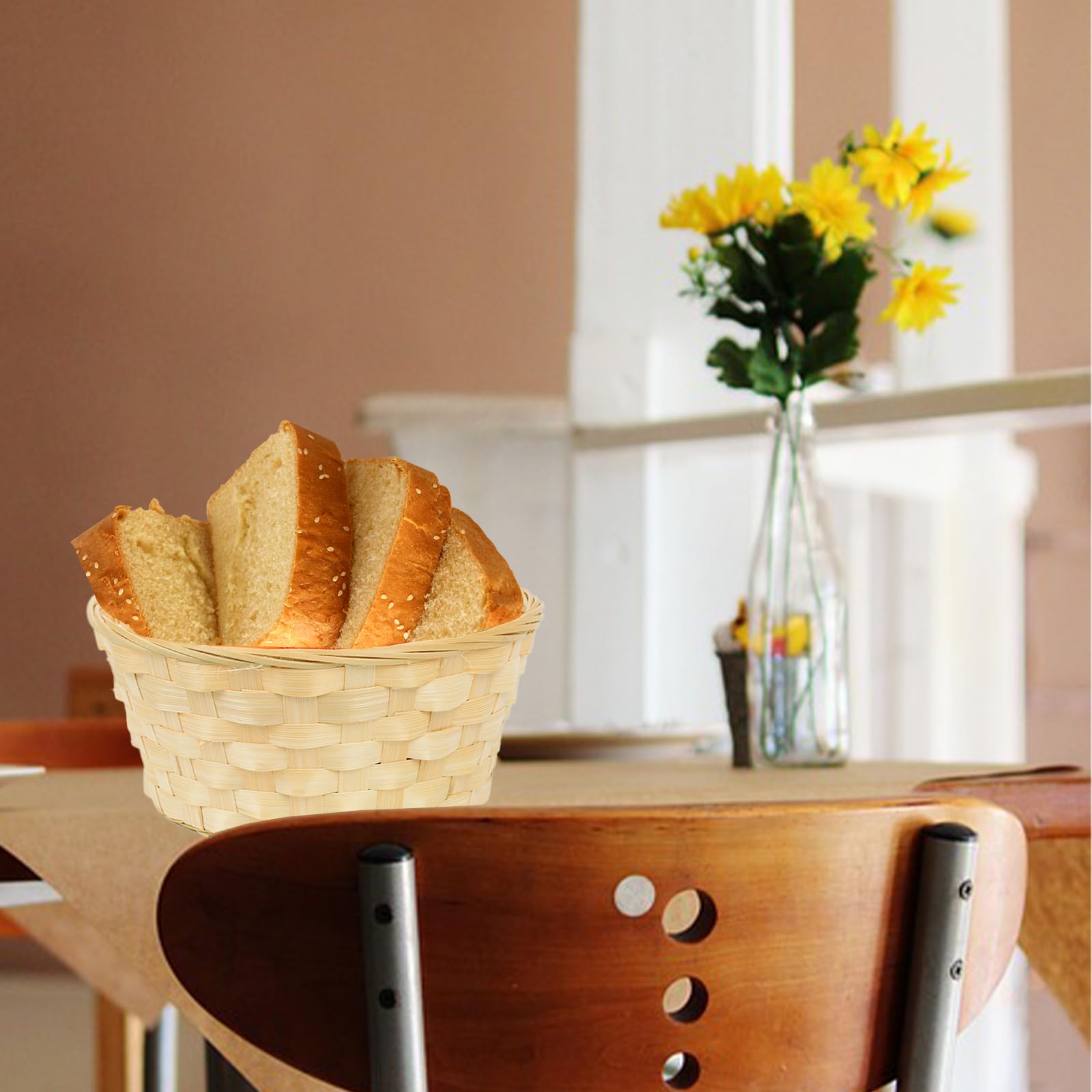 12 Pack 7 Inch Round Bamboo Gift Baskets - Handwoven Bread & Fruit Serving Baskets for Kitchen, Restaurant Display, Party Decor - Perfect for Weddings, Picnics & Home Organization