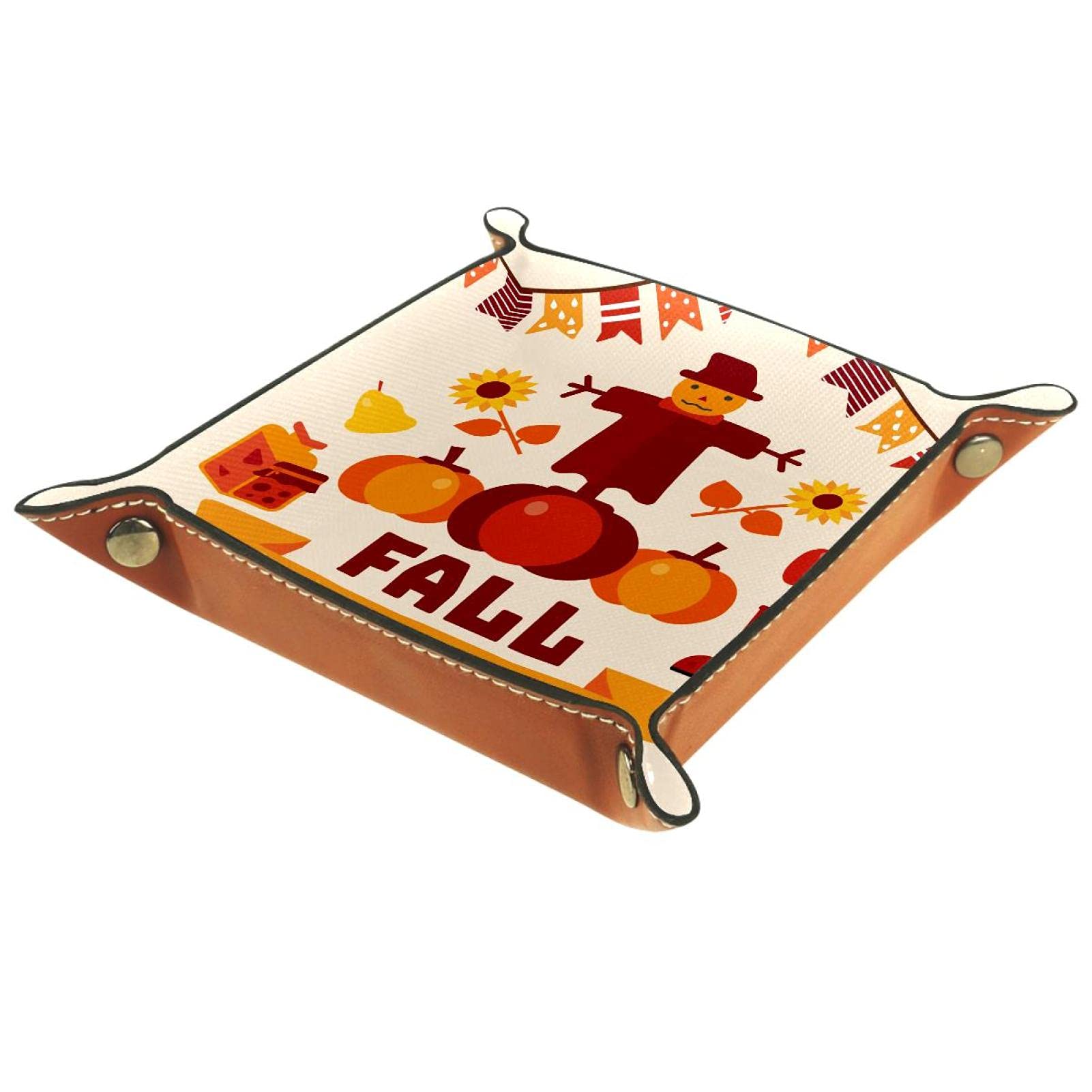 Leather Folding Dice Tray with Storage - Portable Square Jewelry Organizer for Watches, Keys, Coins & Candy - Perfect for Board Games, Travel & Fall Festival Decor (Pumpkin, Scarecrow, Sunflower Design)
