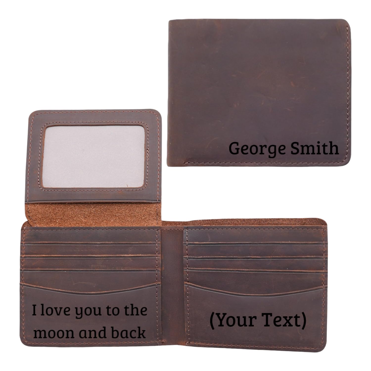 Custom Engraved Leather Wallet for Men - Personalized Gift for Dad, Husband, Boyfriend - Premium Top Grain Leather - Perfect for Anniversary, Wedding, Birthday & Daily Use