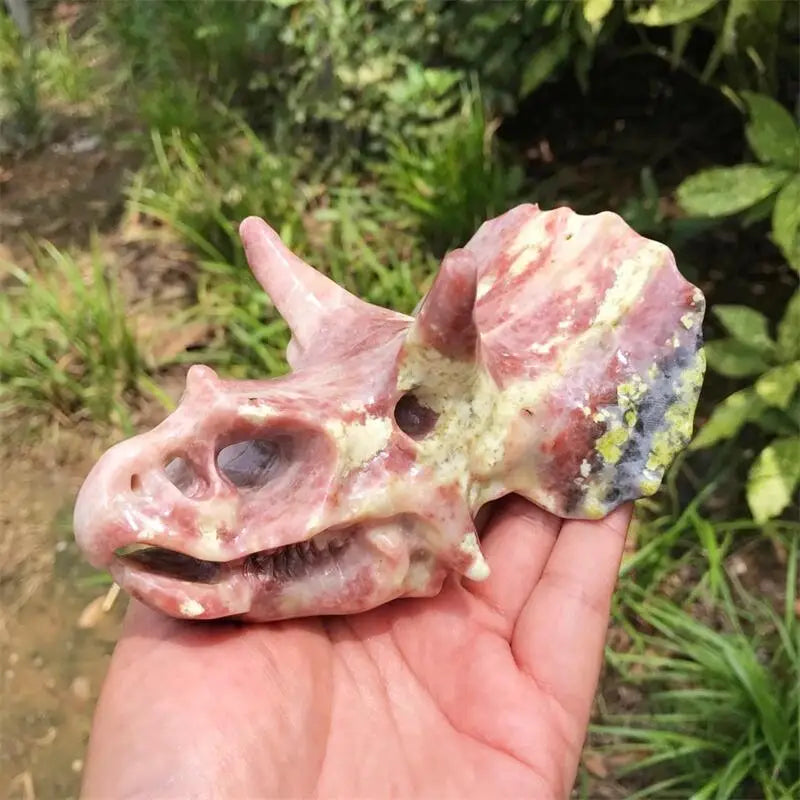 13CM Natural Peach Blossom Tourmaline Dinosaur Skull Crystal Carving - Healing Stone, Fashion Jewelry & Home Decor - Unique Birthday Gift for Collectors (1 Piece) - Perfect for Meditation, Feng Shui & Gothic Decor