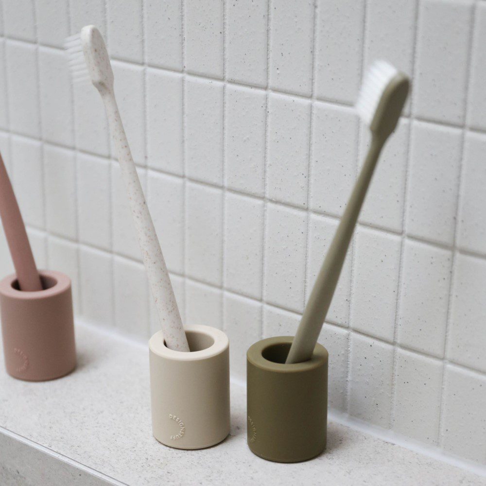 DESIGNSTUFF Toothbrush Holder - Modern Khaki Bathroom Organizer for Countertop or Wall Mount | Perfect for Home, Apartment, Dorm & Travel Use