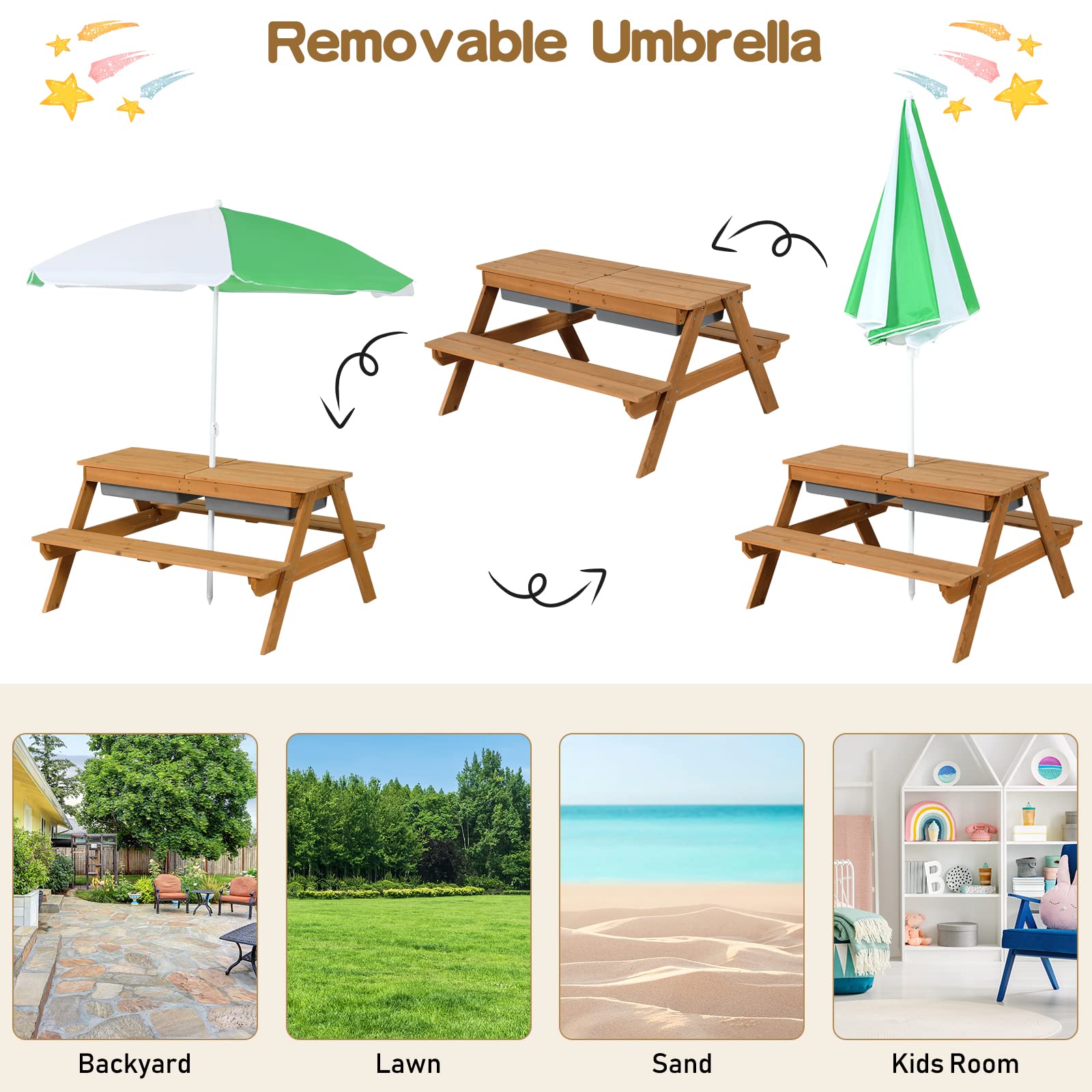 Costzon 4-in-1 Adjustable Kids Picnic Table with Sensory Bins - Sand & Water Play Table, Removable Tabletop & Height-Adjustable Umbrella - Durable Wooden Outdoor Play Table for Backyard, Patio, Preschool & Daycare Activities