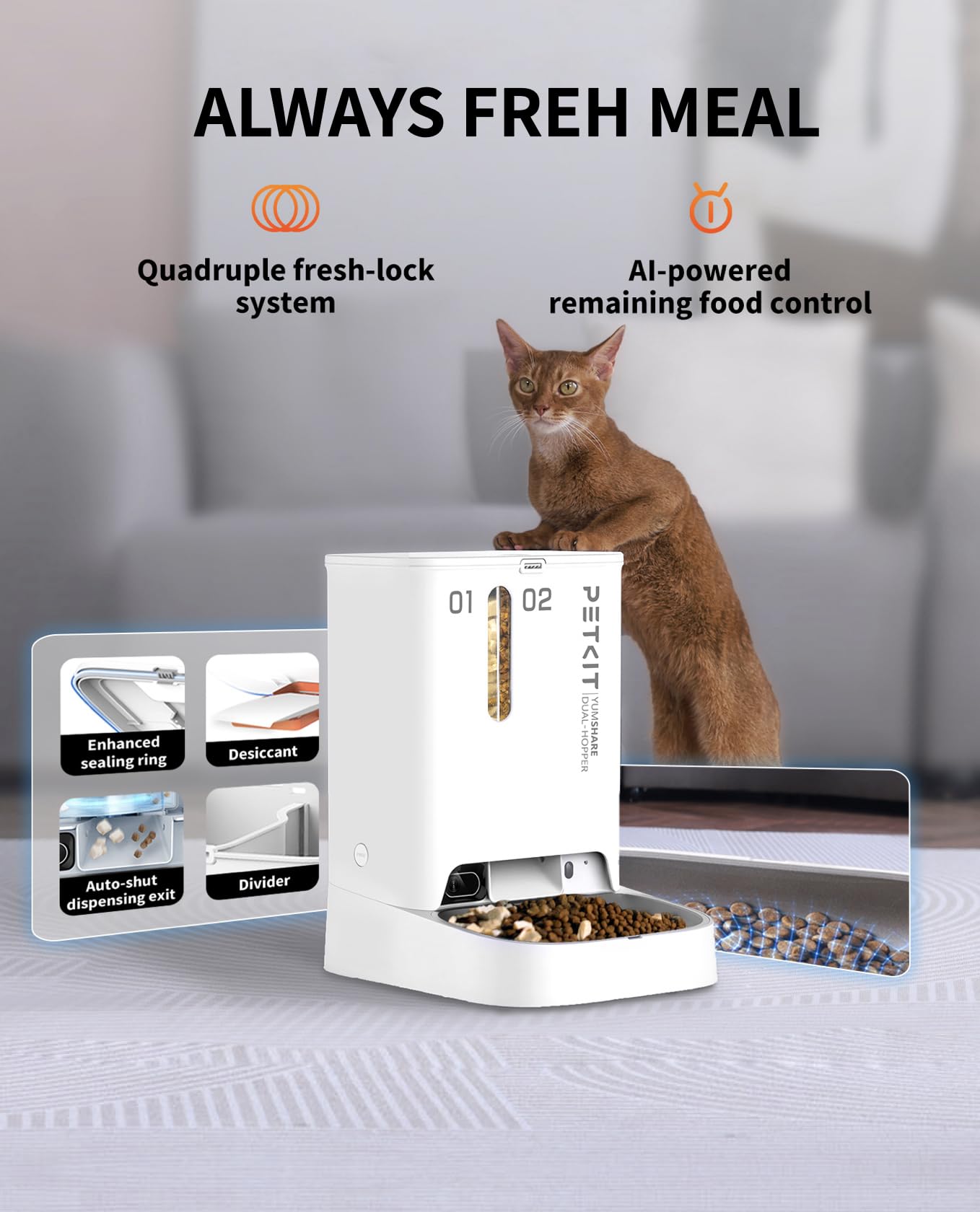 PETKIT Automatic Cat Feeder with Camera - 1080P HD Video & Night Vision, 5L Smart Pet Food Dispenser with 2-Way Audio, Battery Backup, Low Food Alert & Anti-Stick Bowl (2.4G WiFi) - Perfect for Multi-Cat Homes, Travel & Busy Pet Owners