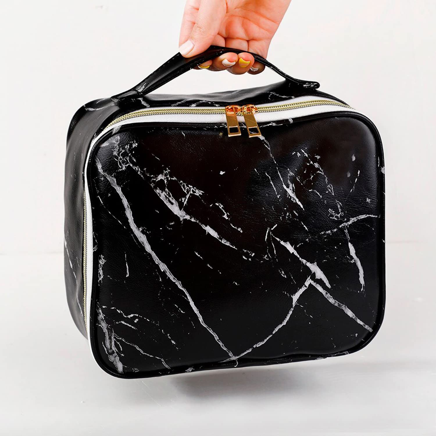 House of Quirk Portable Travel Makeup Bag for Women - Waterproof Cosmetic Organizer with Detachable Brush Pouch (Black Marble) | Perfect for Vacation, Gym & Daily Essentials Storage