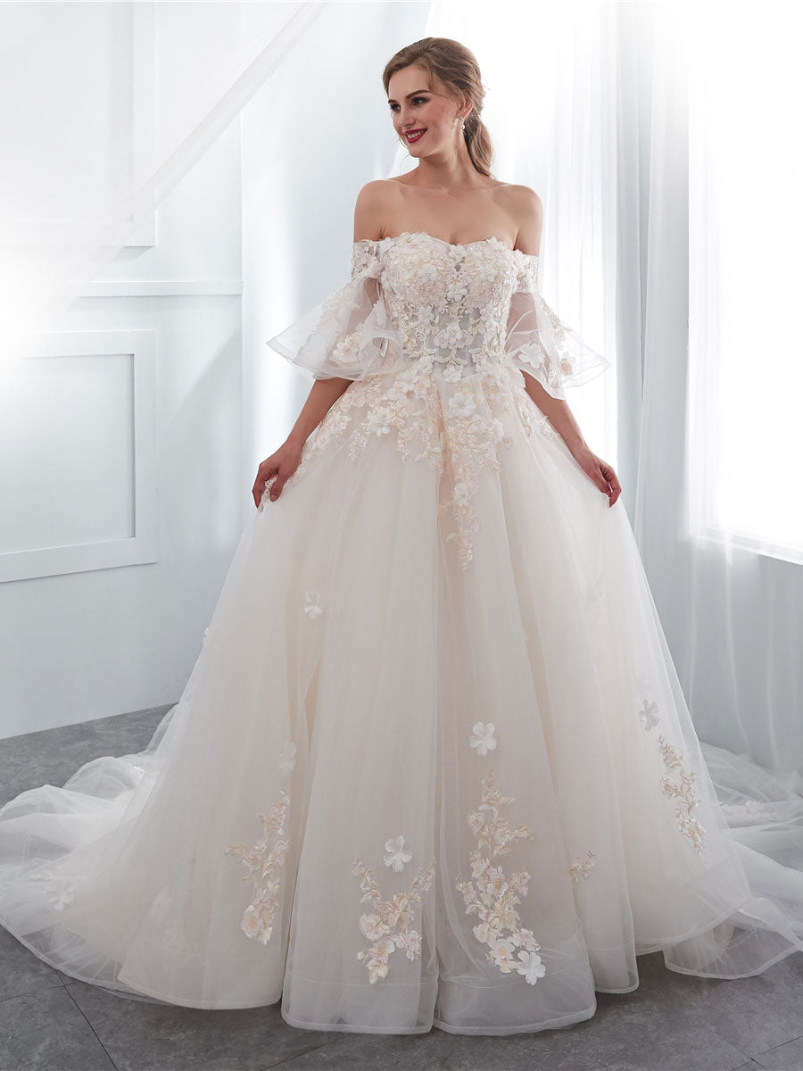 Ivory Long Lace Wedding Dress with Tulle Skirt - Elegant A-Line Bridal Gown for Church, Beach, and Outdoor Ceremonies