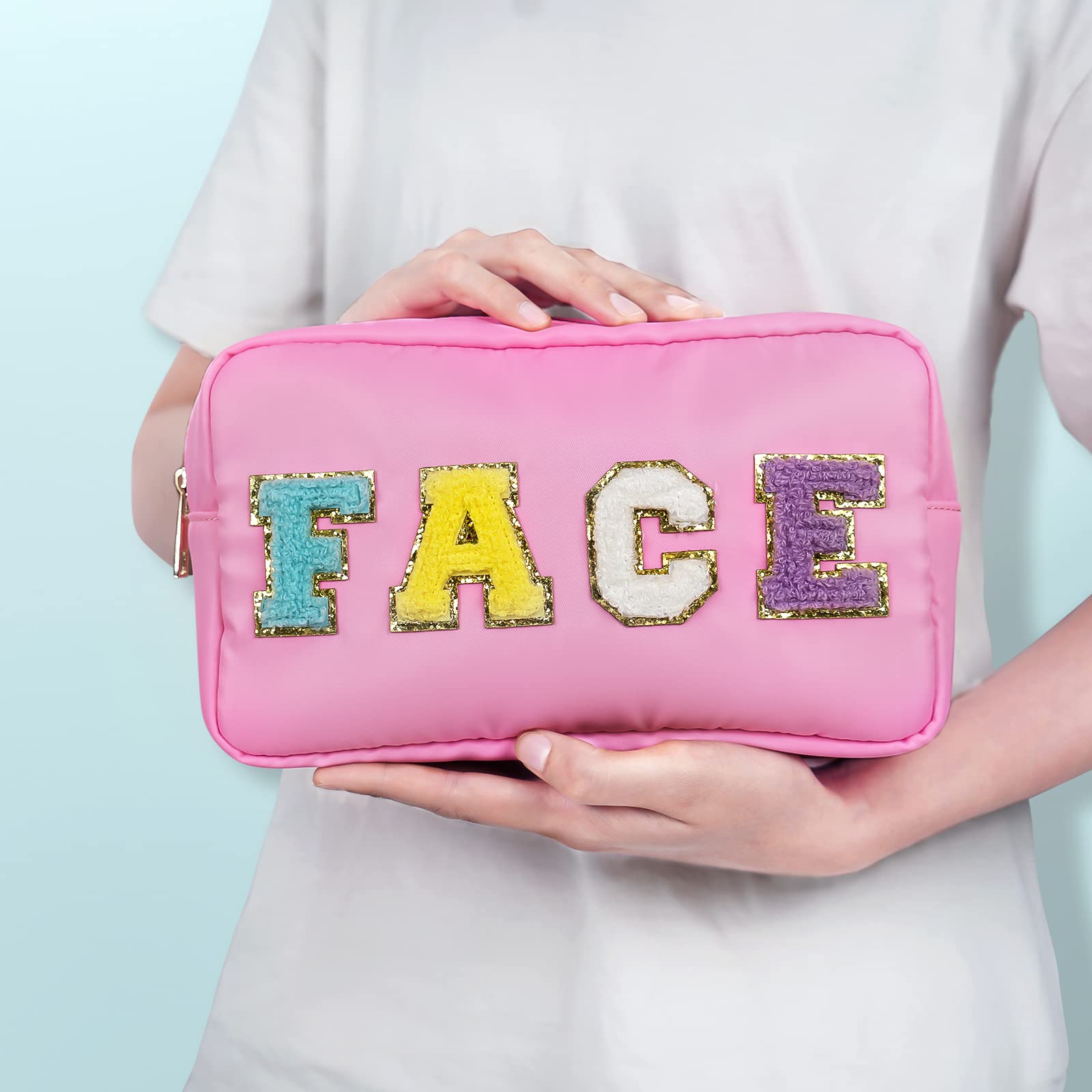 Preppy Patch Makeup Bag - Nylon Cosmetic Organizer with Zipper & Varsity Chenille Letters - Travel Toiletry Case for Women & Men - Perfect for Valentine's Day Gifts, School Supplies, and Travel Essentials