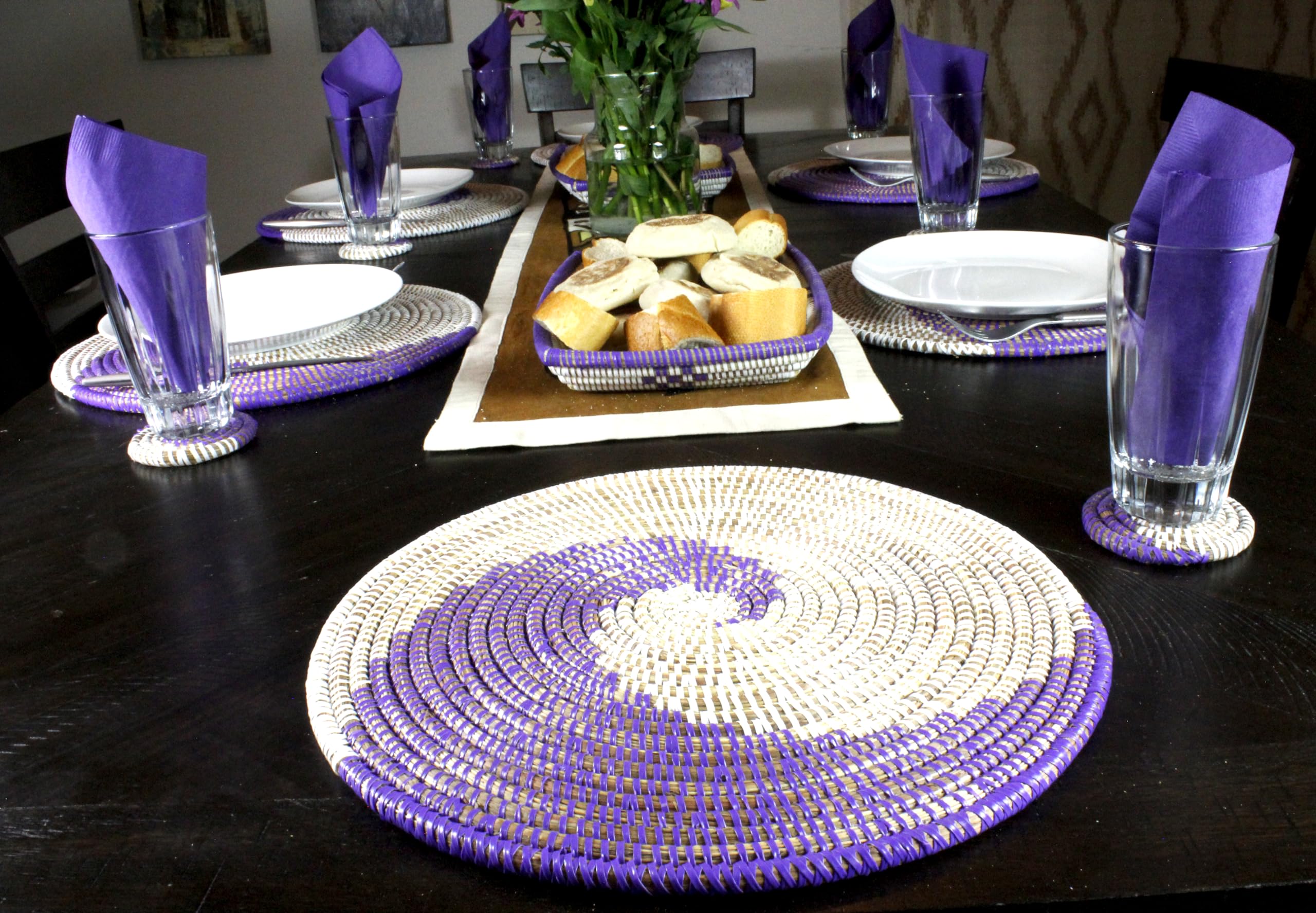 Handwoven African Bohemian Seagrass Placemats - Natural Round Wicker Basket Plates for Dining Table Decor | Purple & White Decorative Hanging Wall Plates | Perfect for Boho Chic Home, Farmhouse Kitchen & Coastal Style Decor