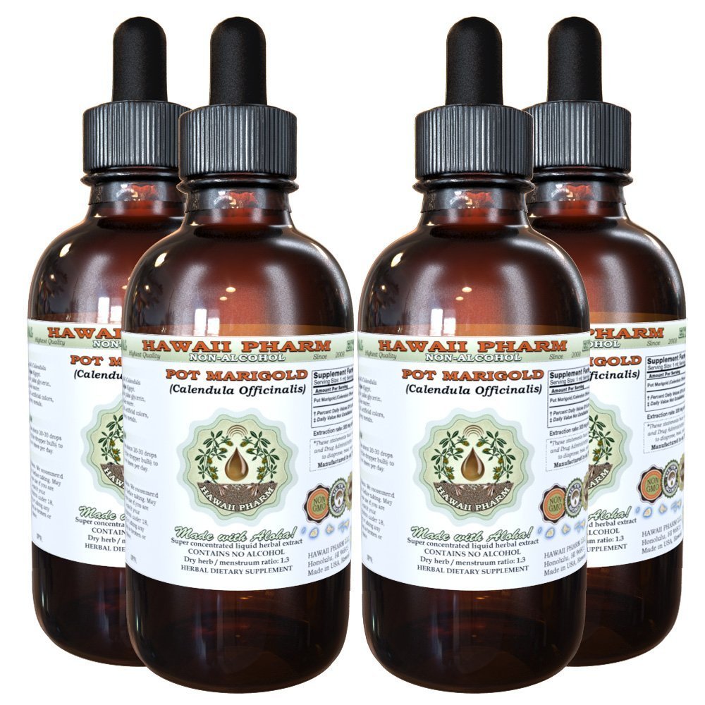 Organic Pot Marigold (Calendula Officinalis) Alcohol-Free Liquid Extract - Natural Herbal Supplement by Hawaii Pharm, 4 fl.oz - Soothes Skin Irritations & Promotes Healing for Daily Skincare & First Aid