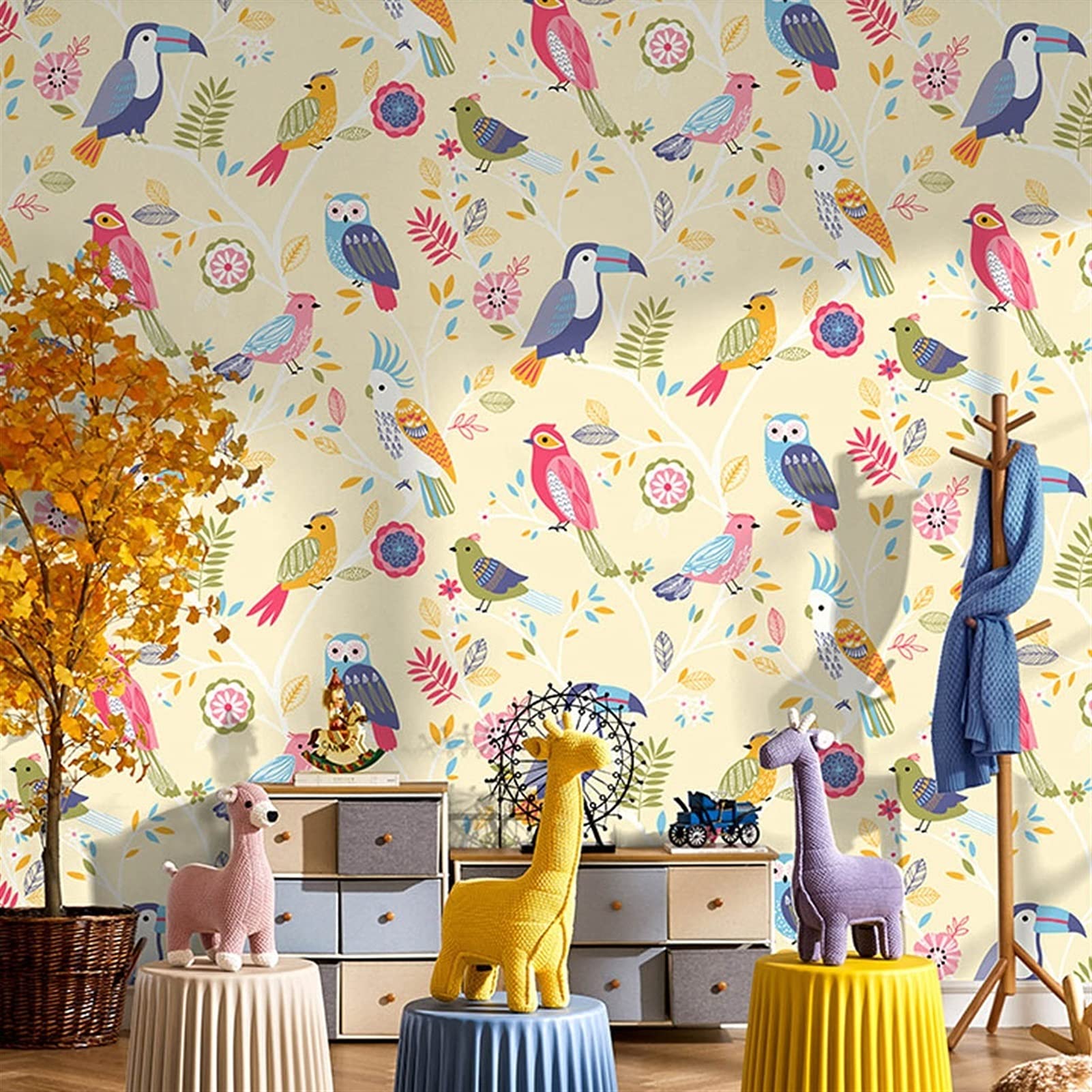 Non-Woven Cartoon Flowers and Birds Wallpaper for Kids Room - Waterproof, Peel & Stick Wall Stickers for Boys & Girls Bedroom Decor (Color D) - Perfect for Nursery, Playroom & Children's Party Decorations