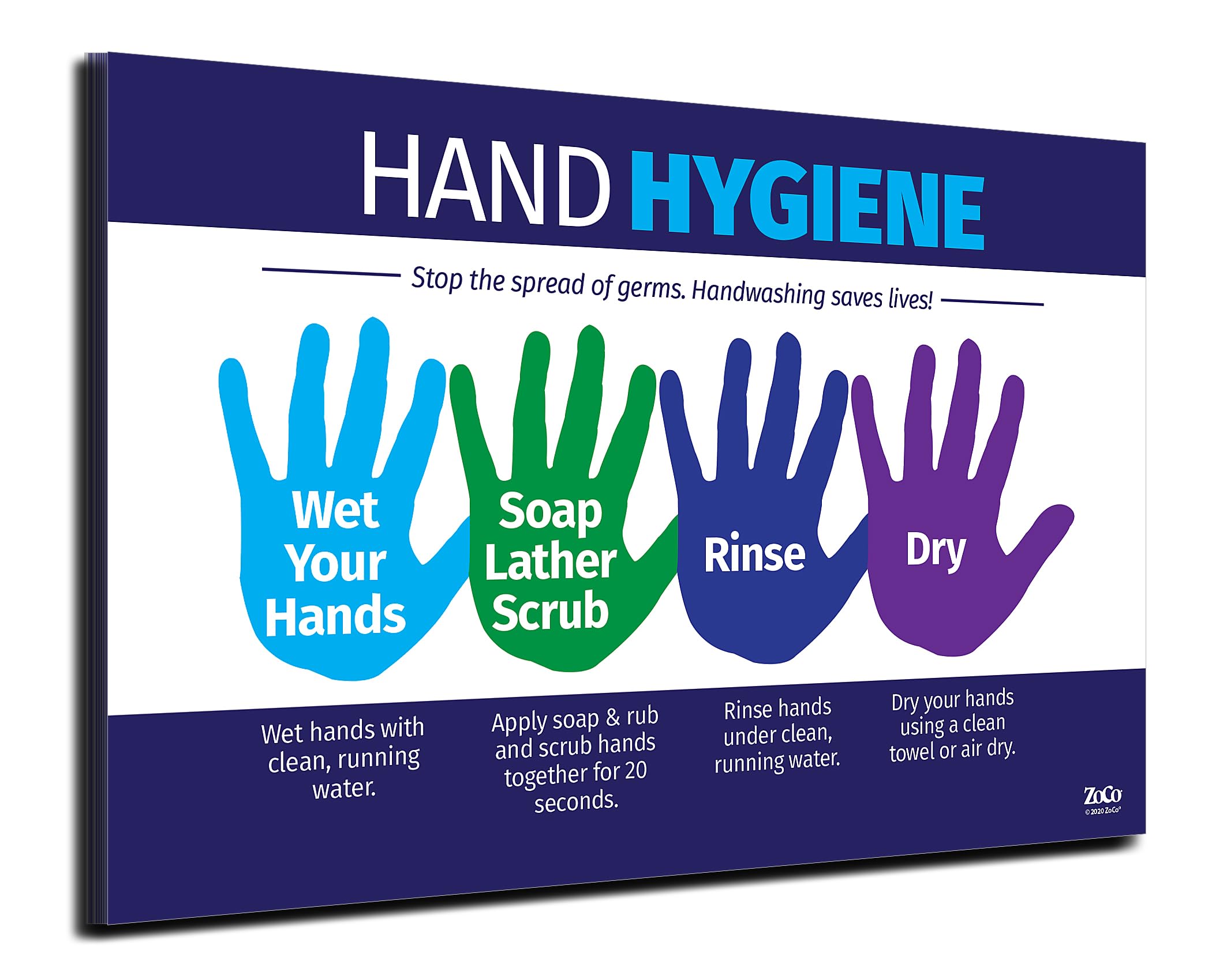 ZOCO - 20 Pack Laminated Hand Washing Posters 12x18 inches - Hand Hygiene Signs for Kids & Adults - Perfect for Schools, Workplaces & Nurse Offices - Promote Cleanliness in Classrooms, Restrooms & Healthcare Facilities