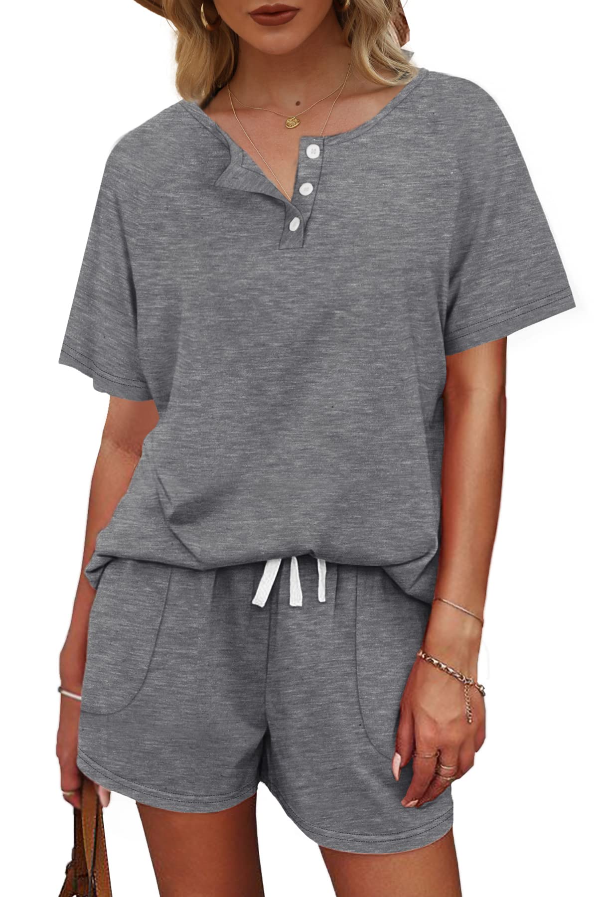WIHOLL Women's 2-Piece Lounge Set - Button Down Top & Shorts with Pockets | Comfortable Sweatsuit for Home, Travel & Casual Outings
