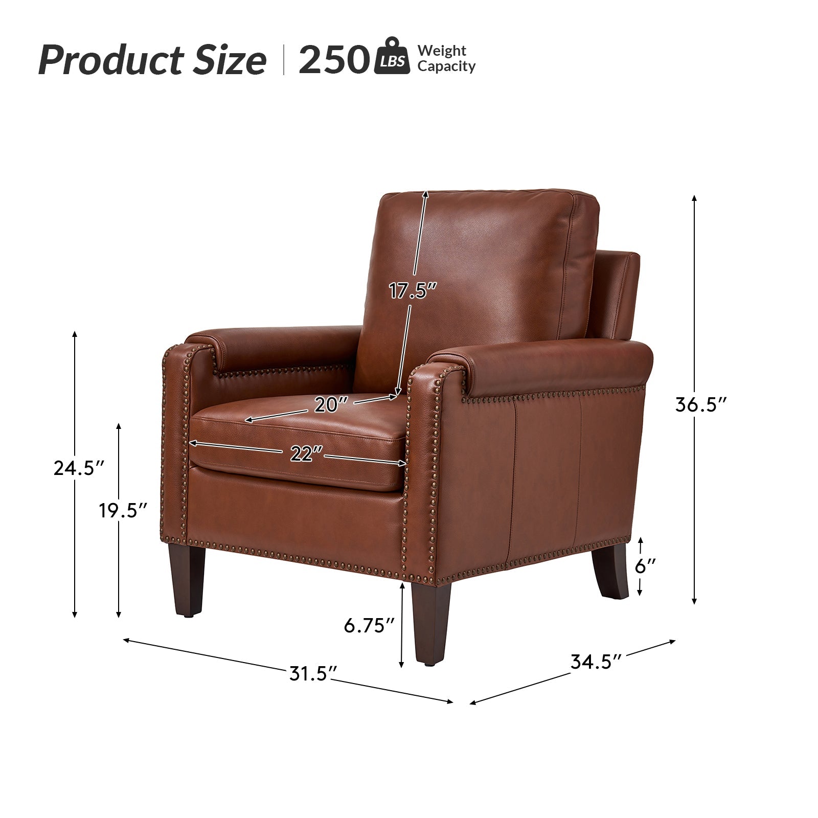 Nathaniel Transitional Style Genuine Leather Armchair - Premium Brown Leather Lounge Chair for Living Room, Office & Study - Comfortable Reading Chair with Padded Seat & Wooden Legs