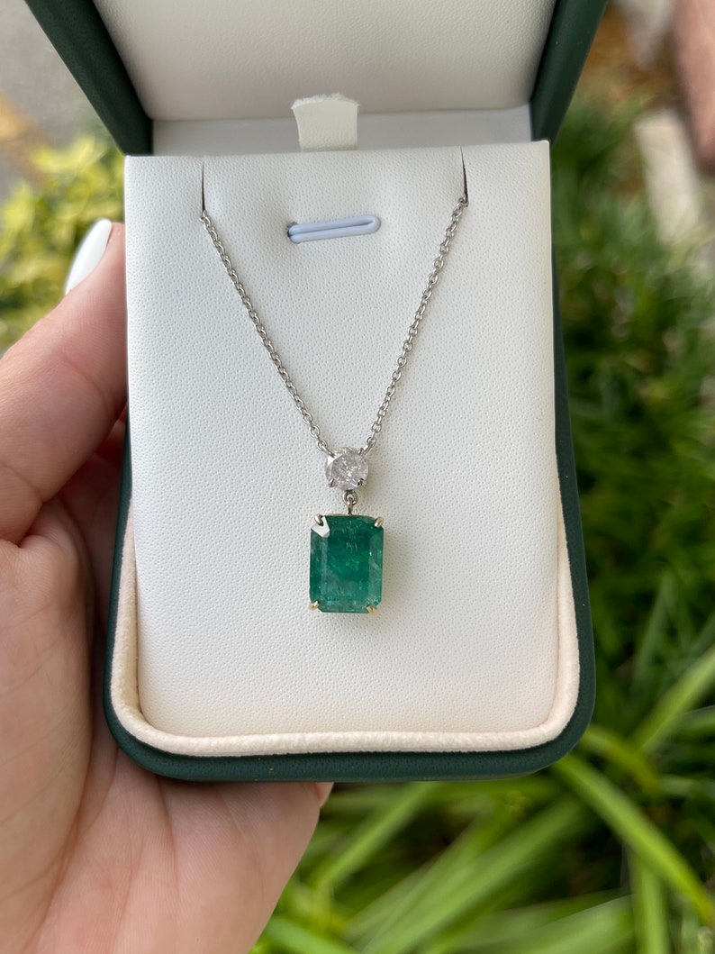 10.57tcw 14K Gold Emerald & Diamond Two Stone Dangle Stationary Necklace for Women - Elegant Jewelry Gift for Birthday, Anniversary & Special Occasions