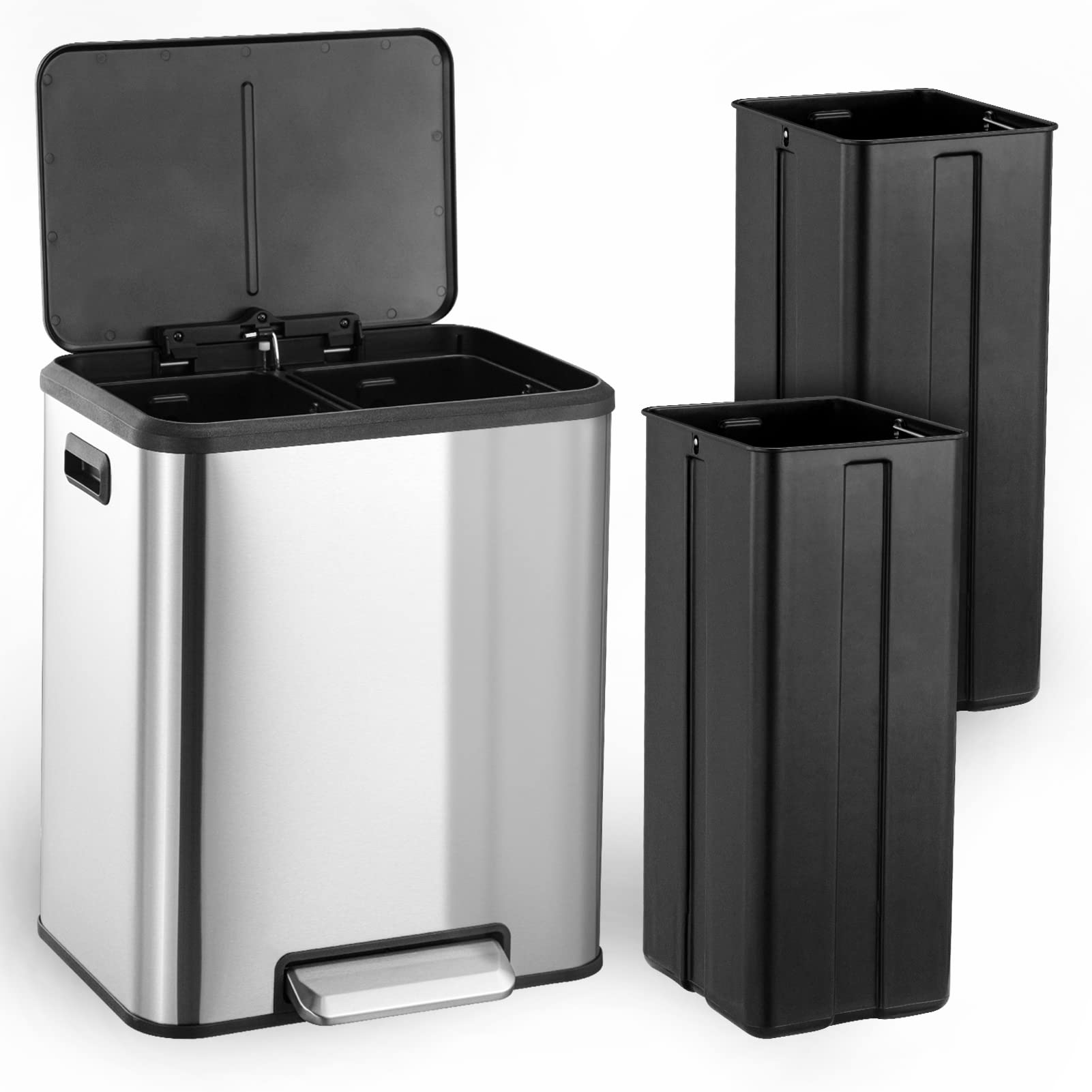GARVEE 2x4 Gallon Stainless Steel Dual Compartment Trash Can and Recycling Bin with Removable Inner Buckets & Soft Close Lid - Ideal for Kitchen, Home, Office, and Business Use (Silver)