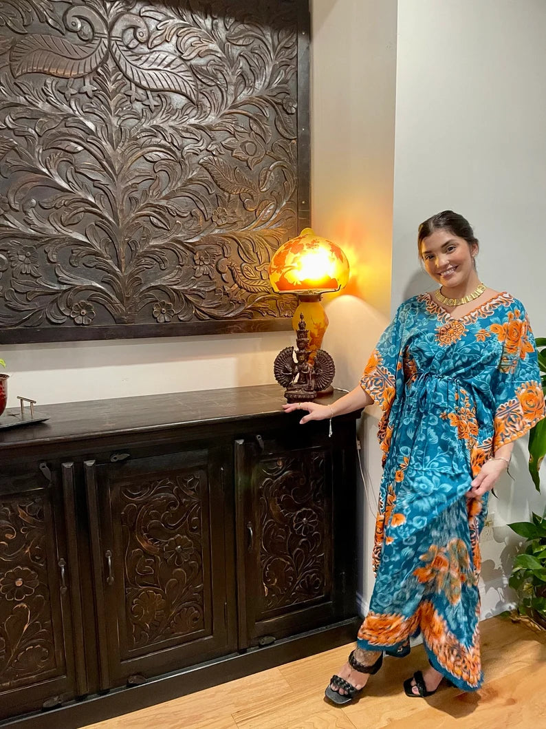 Women's Blue Floral Butterfly Caftan Maxi Dress - Size L to 2XL - Perfect for Beach Cover-Up, Summer Vacation & Boho Chic Outfits
