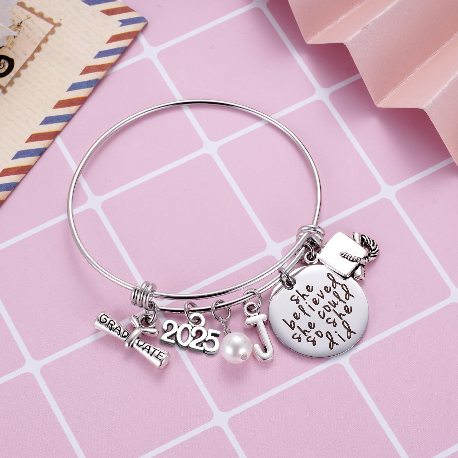 Ukodnus Class of 2025 Graduation Gift Bracelet - Personalized 26 Initial Charm Bracelet for High School & College Seniors - Inspirational Graduation Jewelry for Women - Perfect for Commencement Ceremonies & Senior Year Celebrations