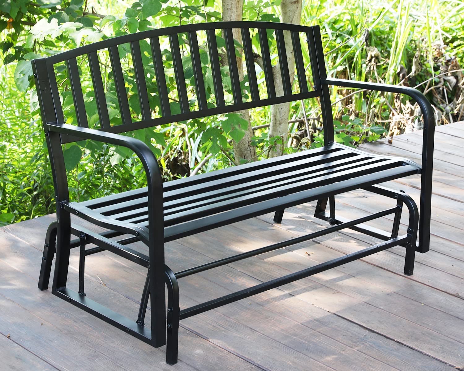 Metal Patio Glider Bench - Outdoor Swing Rocking Chair for Garden, Porch & Yard - Weather-Resistant Black Steel Glider Seat - Perfect for Relaxing, Lounging & Enjoying Nature