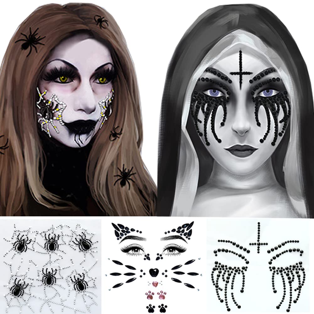 Scary Cat Face Gems - Day of the Dead Black Tear Tattoo Stickers (3-Pack) for Halloween Costumes, Face Painting & Festival Makeup