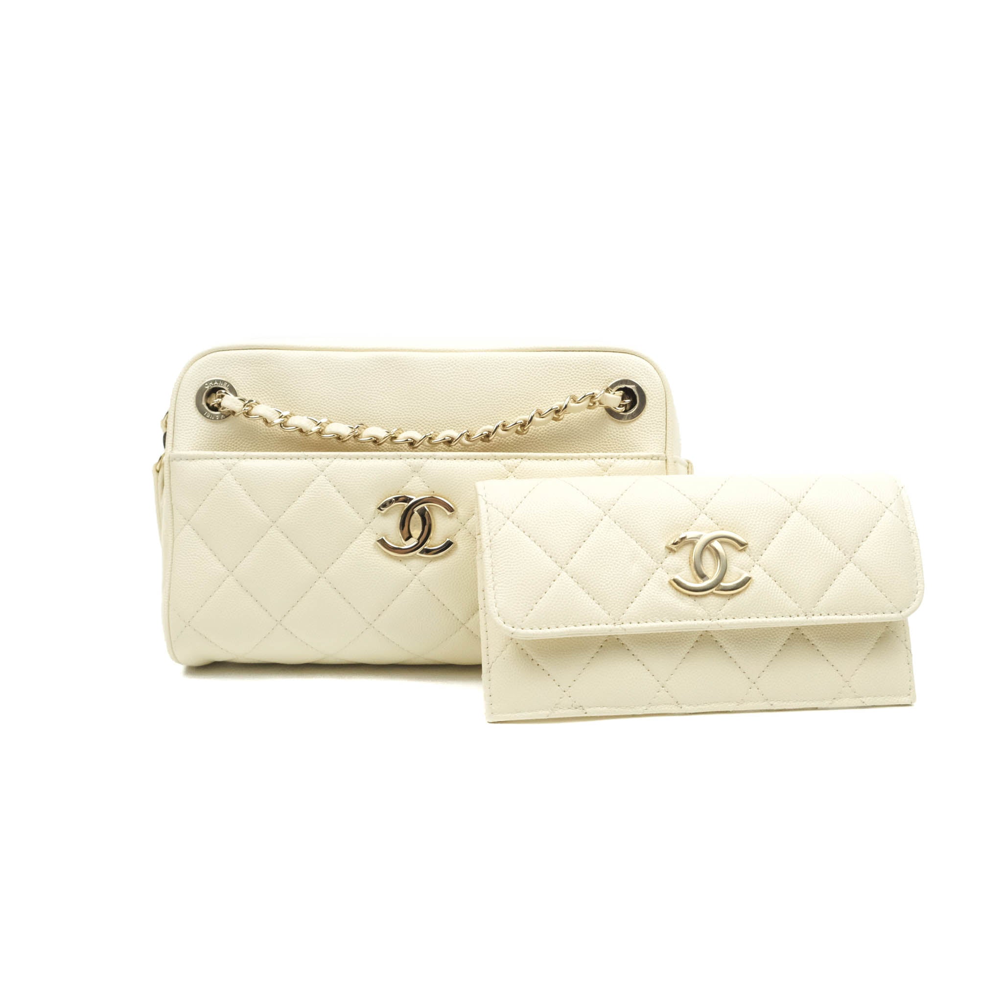 Chanel Camera Bag with Detachable Pouch - Ivory Caviar Leather & Gold Hardware | Luxury Crossbody Bag for Women | Perfect for Everyday Use, Date Night & Travel