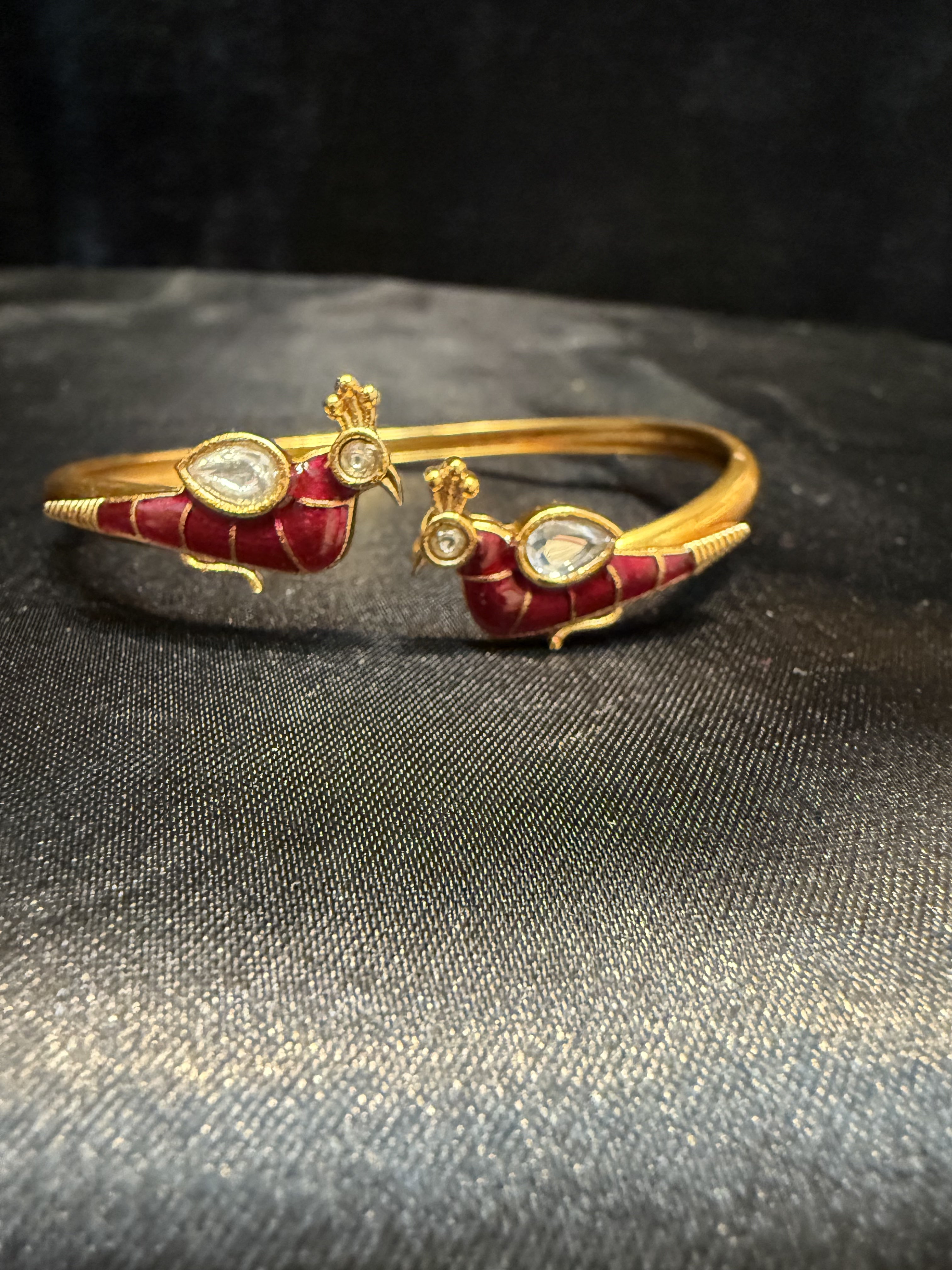 Elegant Gold Plated Peacock Design Bracelet with Hot Pink & White Stones - Perfect for Parties, Weddings & Special Occasions