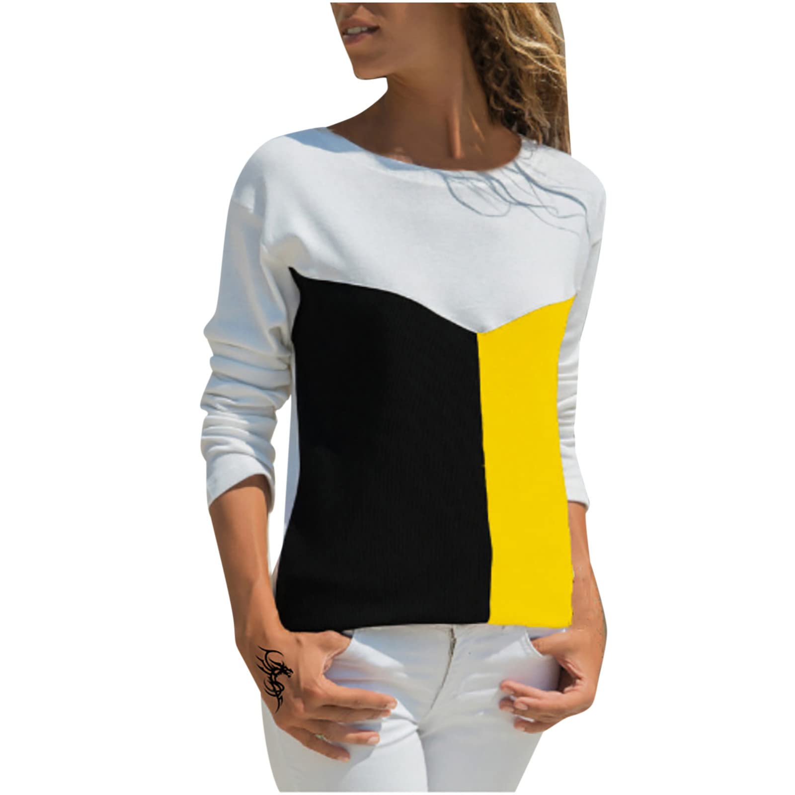 Trendy Women's Casual Round Neck Long Sleeve Color Block T-Shirt - Soft Pullover Printed Blouse for Everyday Wear | Perfect for Work, Weekend & Layering
