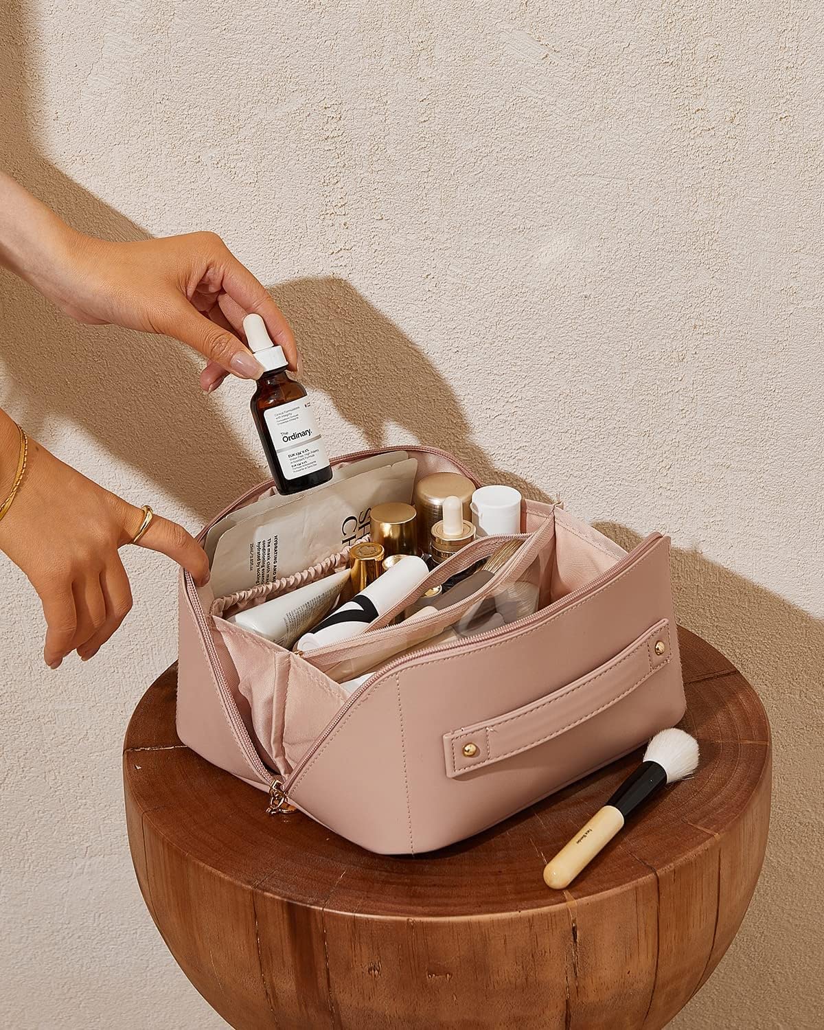 PETRICE Leather Makeup Travel Bag for Women - Portable Cosmetic Organizer with Handle & Divider, Wide Opening Pink Makeup Pouch (11.5cm) - Perfect for Airplane Carry-on, Gym Essentials & Weekend Getaways