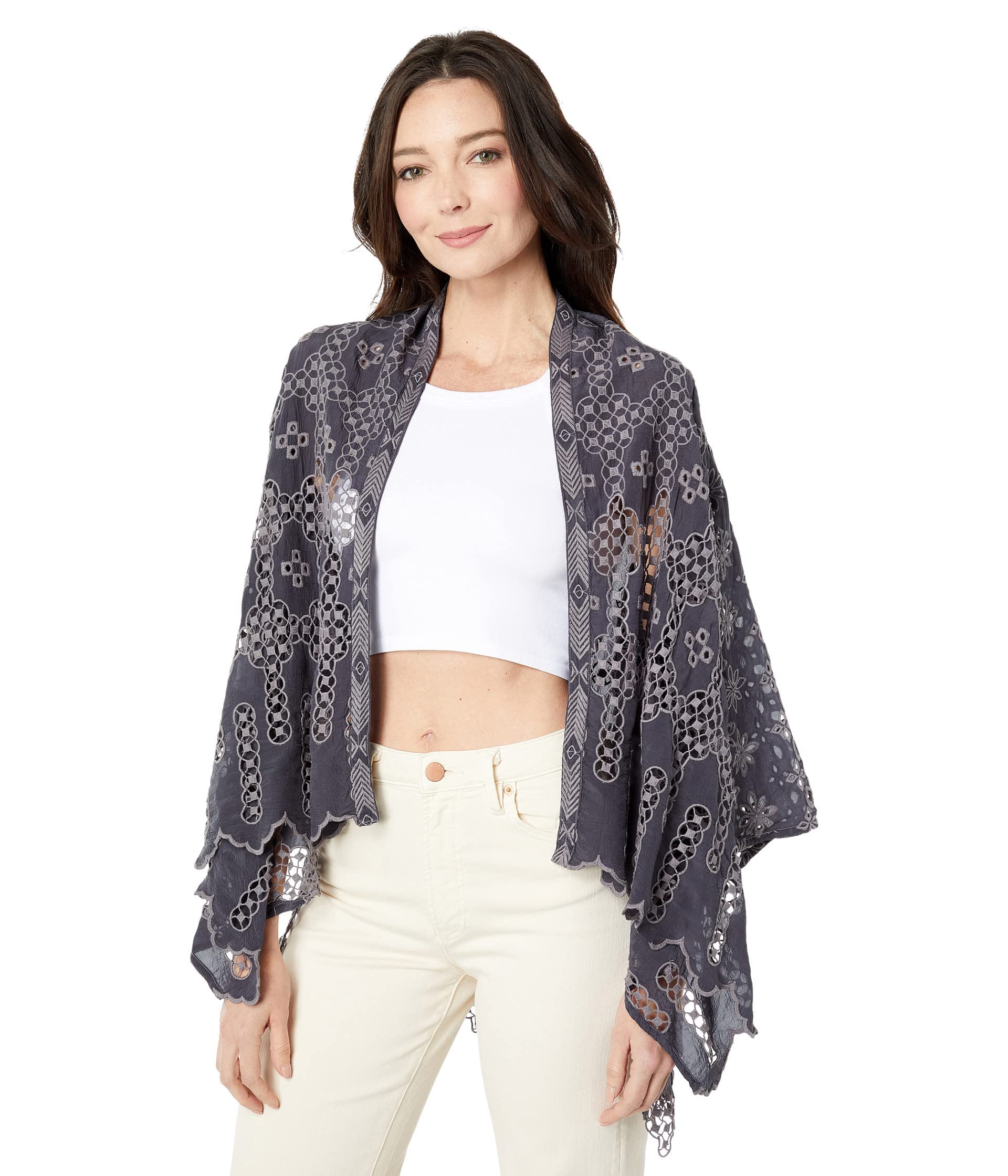 Johnny Was Women's Long Sleeve Eyelet Kimono Cardigan - Boho Chic Lace Cover Up for Beach, Wedding & Casual Outfits