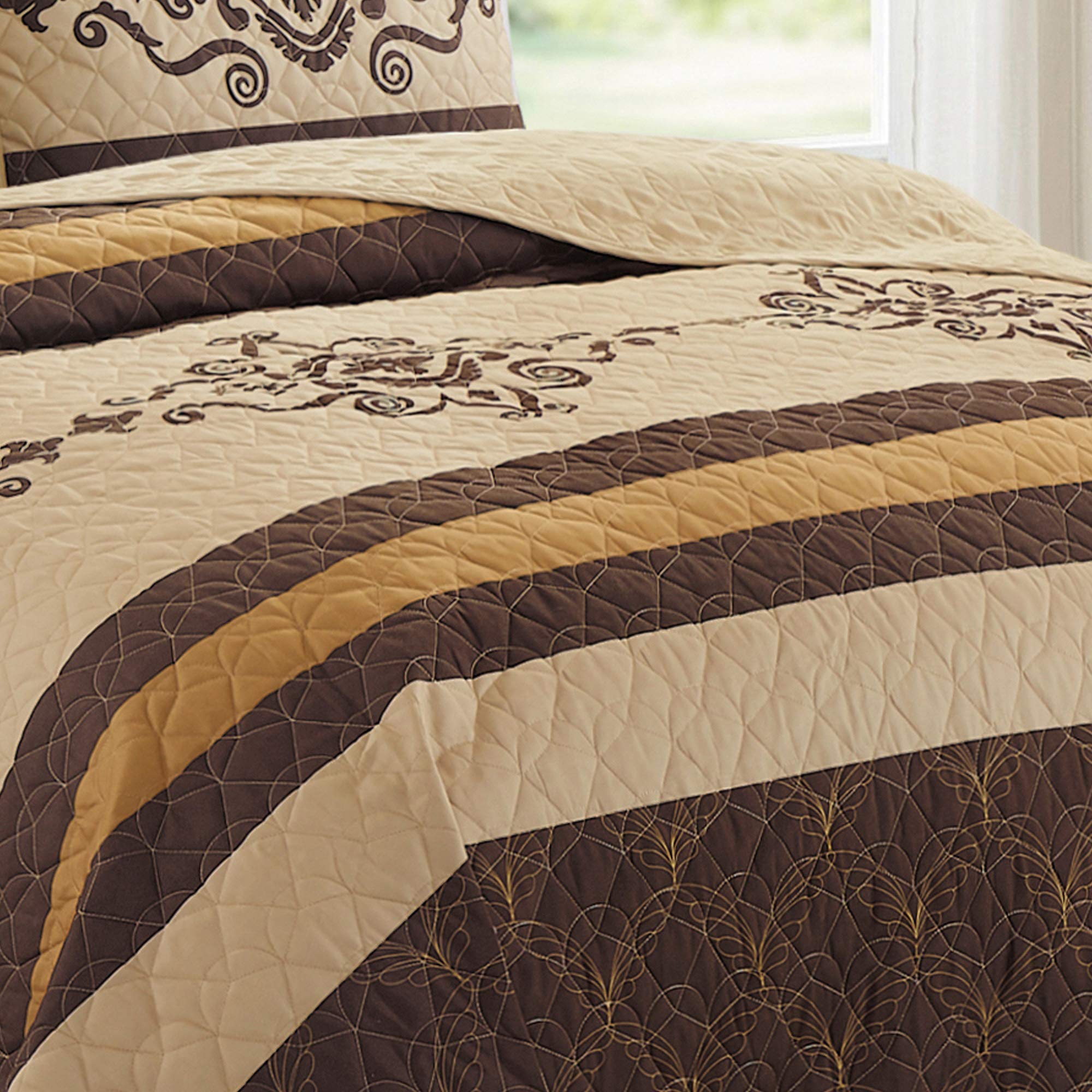 WPM Western Print Queen Size Lightweight Quilt Set with Pillow Sham - Gold Brown Oversized (100 x 95