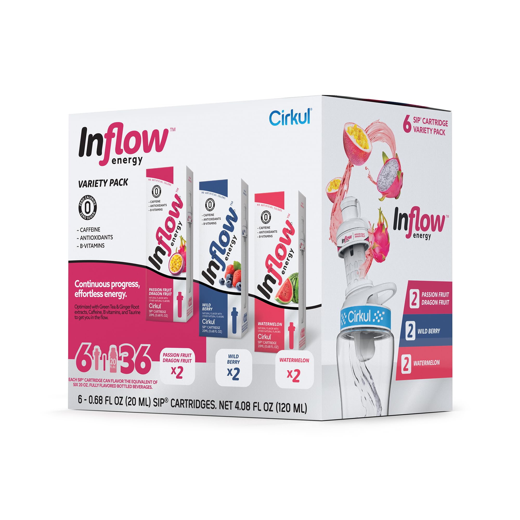 Cirkul Inflow Energy Flavor Cartridge Variety Pack with Caffeine - 6 Pack (Passion Fruit Dragon Fruit, Wild Berry, Watermelon) | Hydration Boost for Workouts, Office & Outdoor Activities