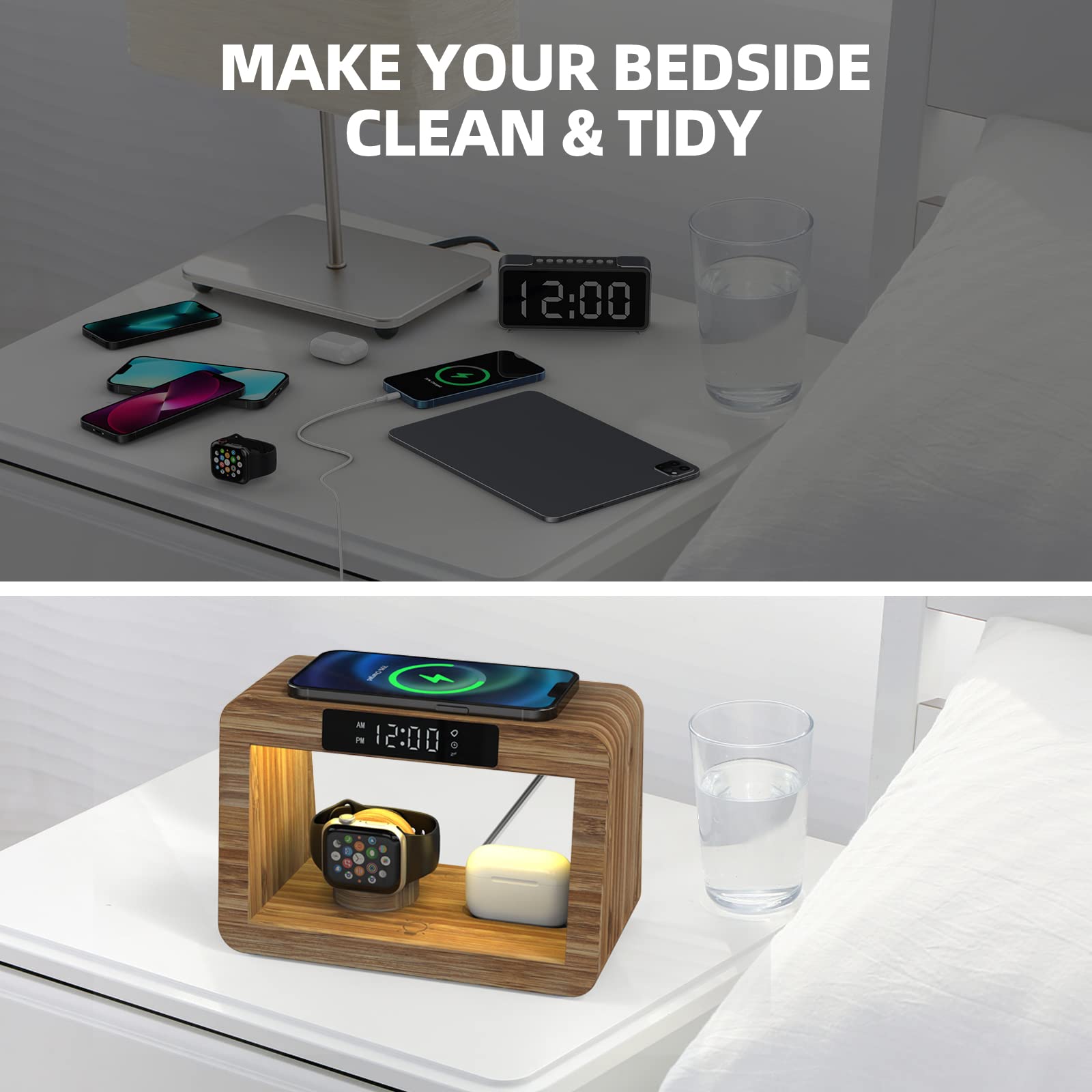 15W Fast Wireless Charging Station with LED Clock & Adjustable Desk Lamp - 3 Color Night Light, Bamboo Charging Dock for iPhone 14/13/12, AirPods, Apple Watch - Perfect Bedside Organizer for Home & Office Gifts (Men & Women)