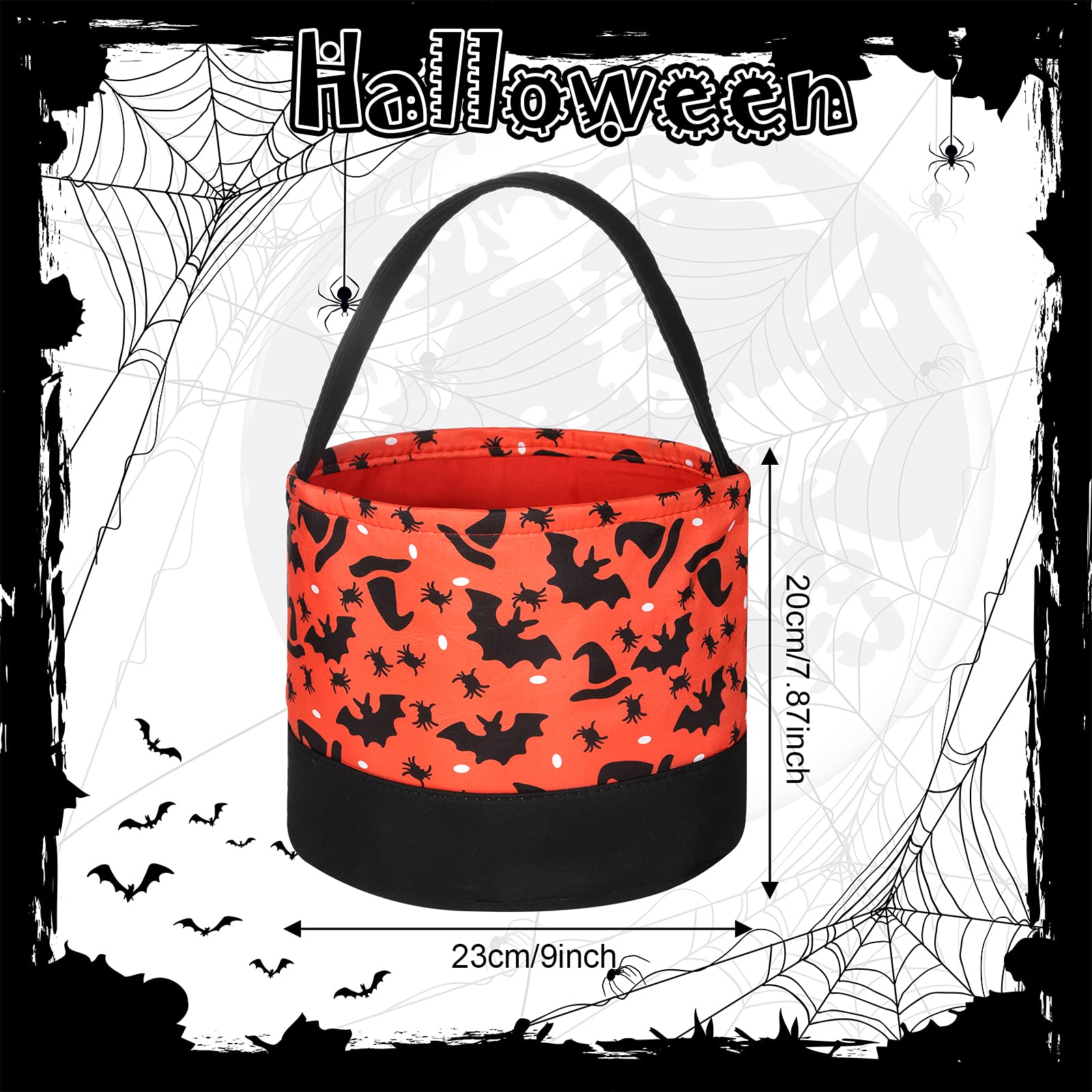 Halloween Party Favor Bags - Orange Trick or Treat Tote with Black Bat & Wizard Hat Design - Halloween Candy Buckets for Kids & Adults - Perfect for Trick-or-Treating, Halloween Parties & School Events