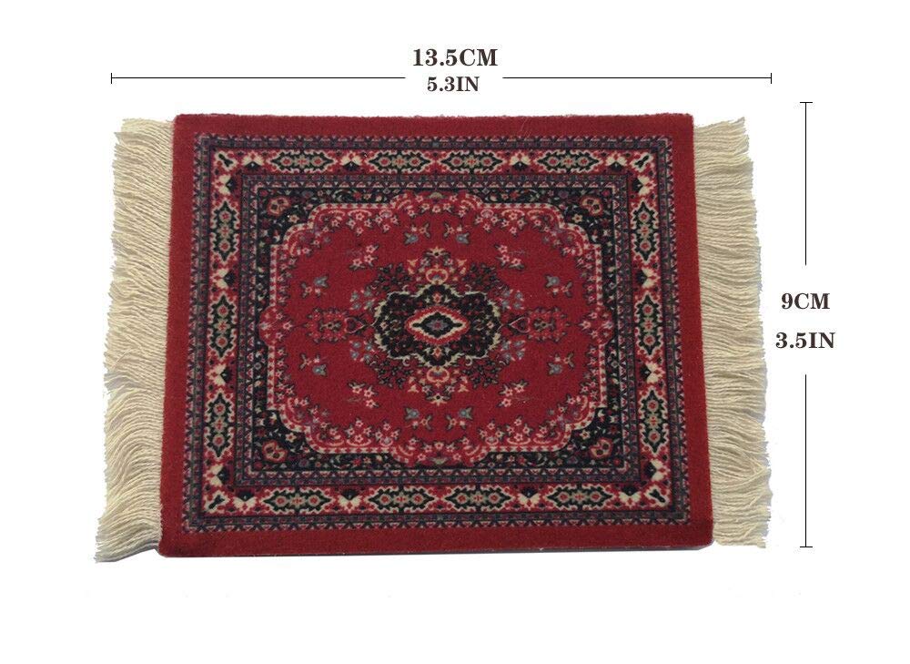 Oriental Design Fabric Carpet Coasters Set of 4 - Non-Slip Drink Mats with Tassels for Coffee Tables, Yellow Pattern | Perfect for Home Decor, Tea Parties & Protecting Furniture