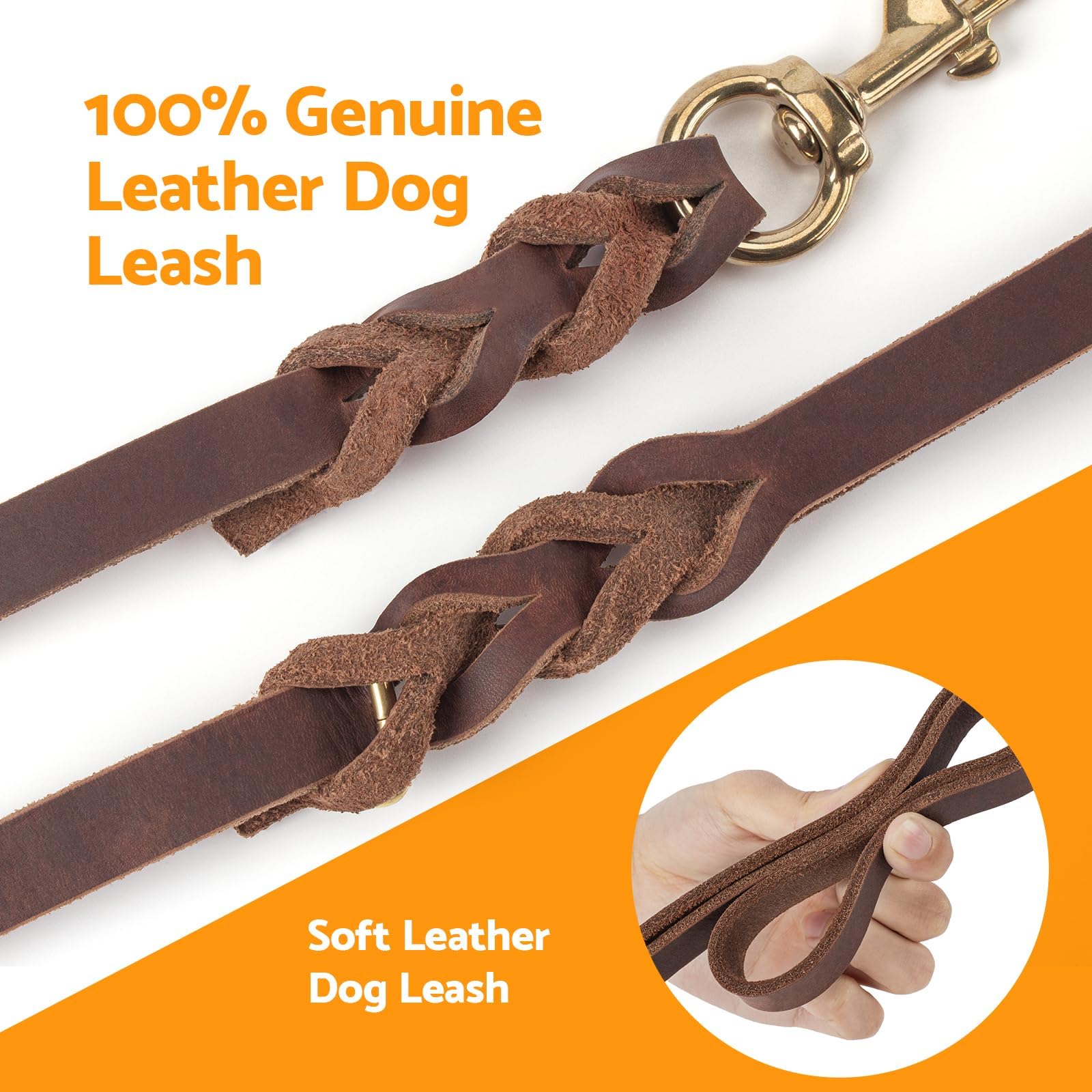 Premium 6ft Genuine Leather Braided Dog Leash - Heavy Duty 1/2 Inch Width for Training - Soft & Comfortable for Small Dogs (Brown) - Perfect for Walks, Hiking & Outdoor Adventures