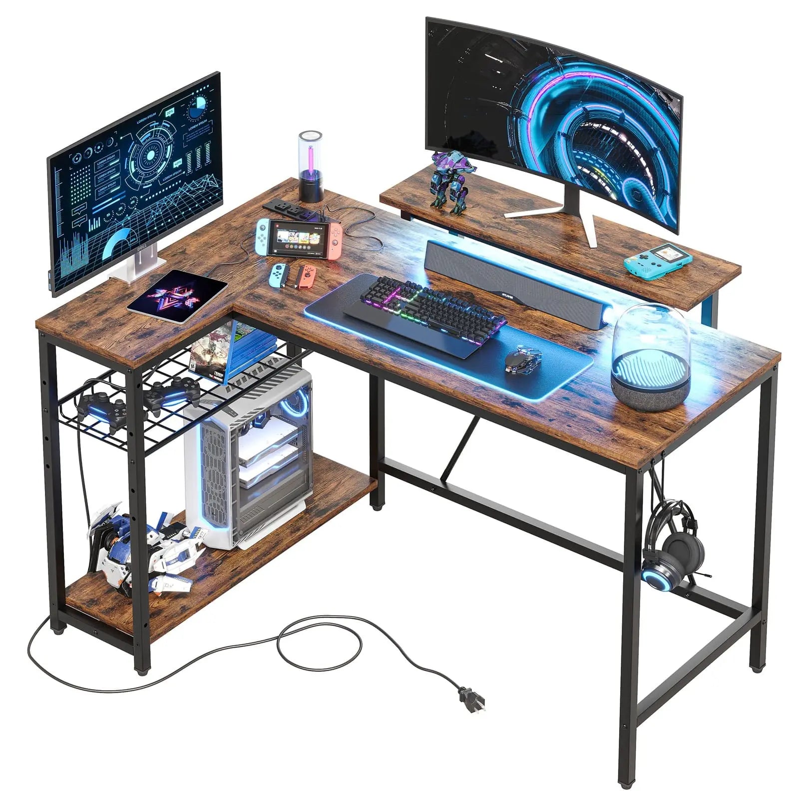Bestier 48 Inch L-Shaped LED Gaming Desk with Monitor Stand - Ergonomic Computer Workstation for PC Gamers & Home Office Setup