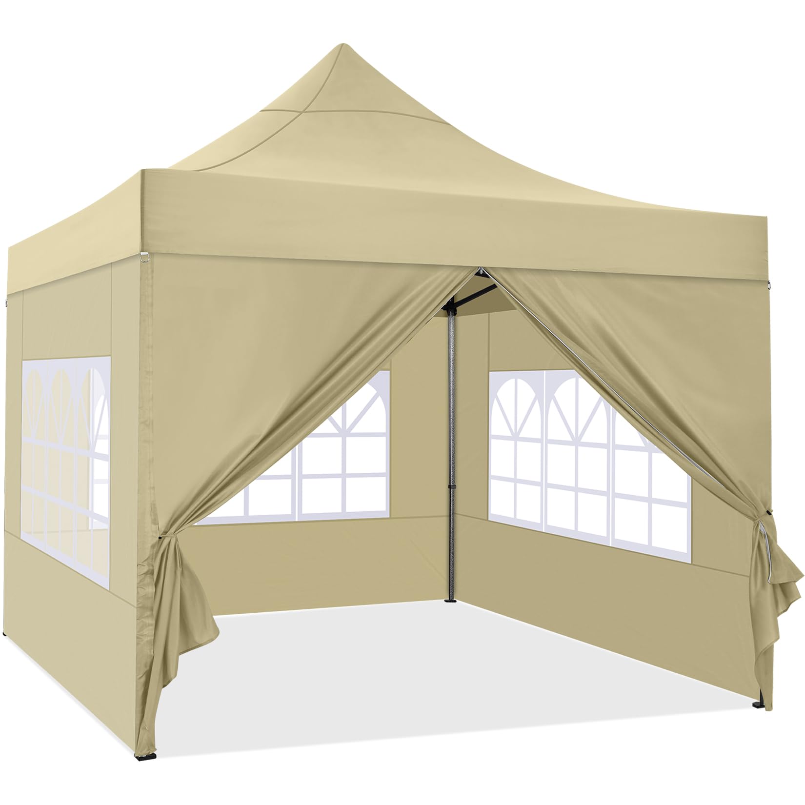 COBIZI 10x10 Pop Up Canopy Tent with 4 Sidewalls - Waterproof Heavy Duty Commercial Canopy for Outdoor Parties, Events, Camping & Backyard - Includes Wheeled Carry Bag (10x10ft, Khaki) | Perfect for Picnics, Farmers Markets, Tailgating & Beach Outings