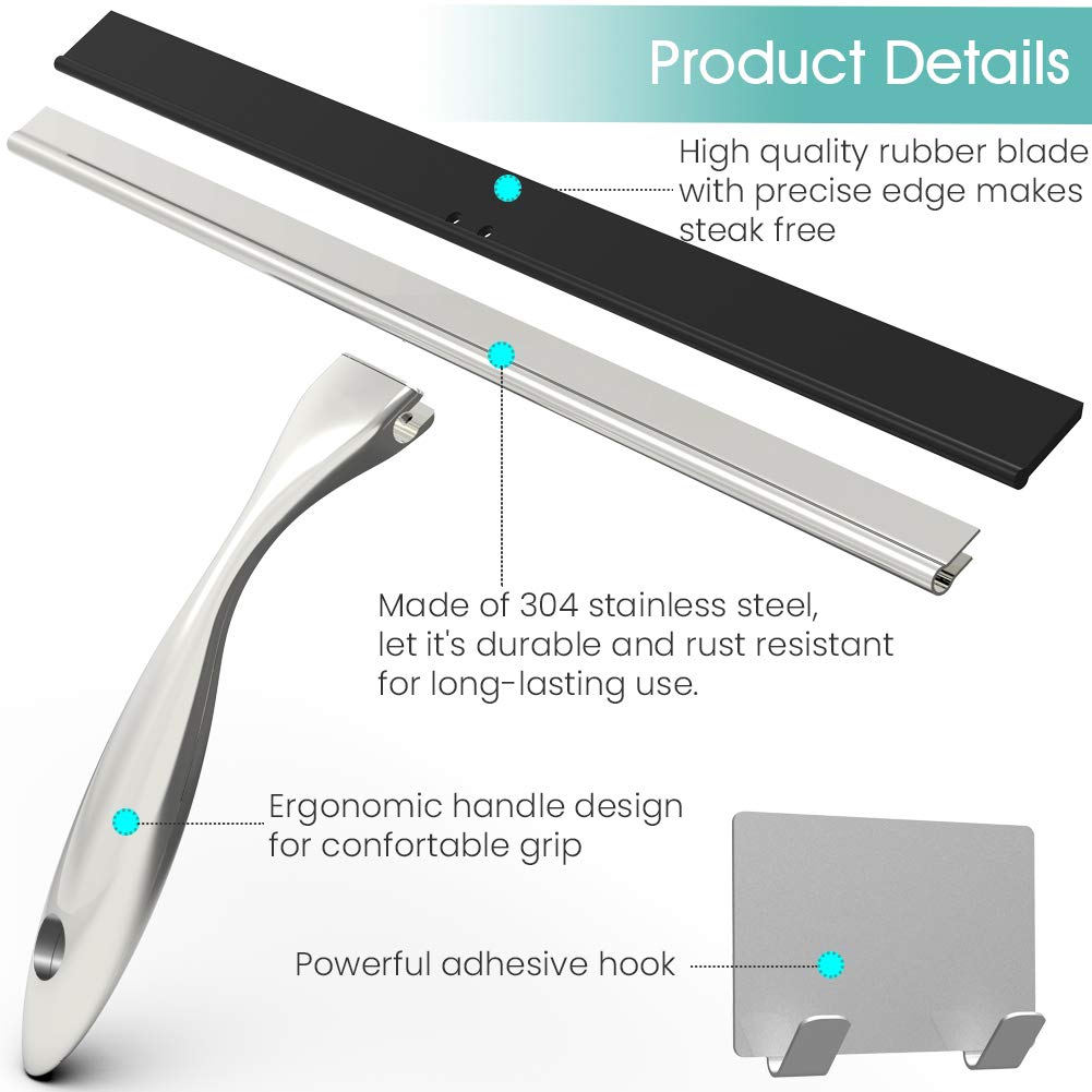 14 Inch Stainless Steel Shower Squeegee with Hook & 6.8 Inch Handle - Multi-Purpose Cleaner for Shower Doors, Mirrors, Car Windows & Bathroom Glass - Perfect for Quick Cleaning & Streak-Free Shine