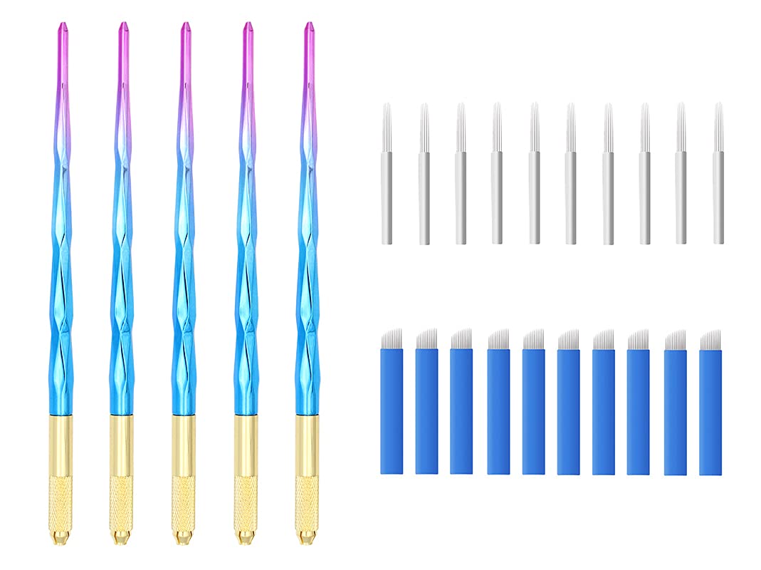 5PCS Microblading Eyebrow Tattoo Pens for Permanent Makeup - Includes 10 Round & 10 Oblique Needles (Blue & Purple) - Professional Eyebrow Styling & Microblading Tools for Salon & Home Use